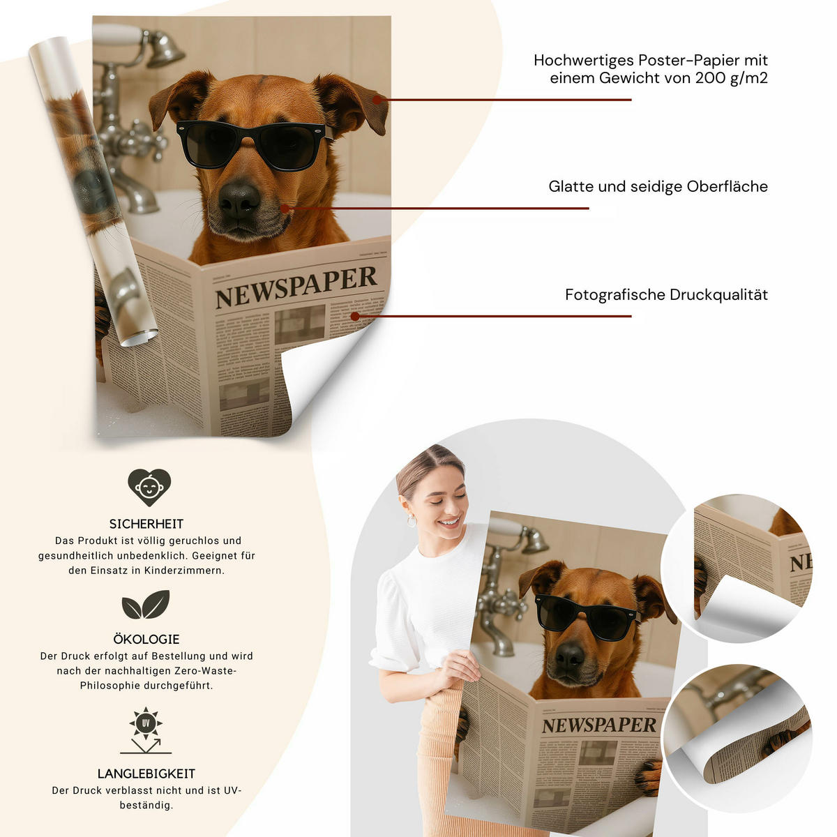 POSTER für WC Badezimmer HUND in Badewanne Retro Zeitung Abstraktion 30x40cm - Beige/Schwarz, Papier (30/40/40cm) - Muralo