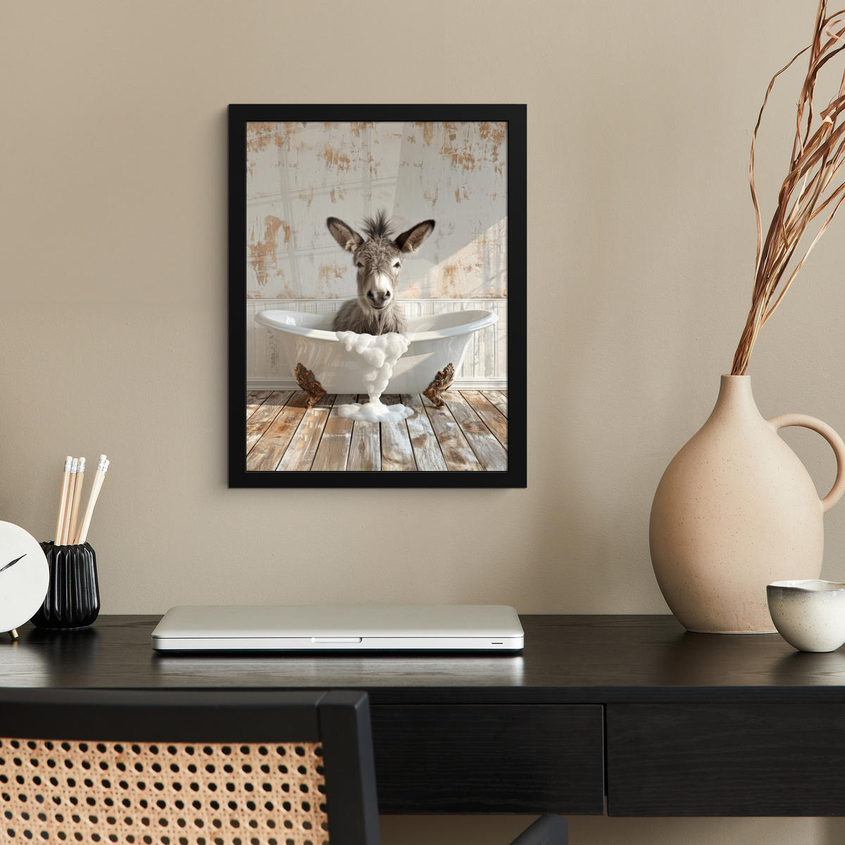 GERAHMTES BILD Esel - Tiere - Badewanne - Schaumstoff 30x40 cm - Weiß, Papier (30/40cm) - MuchoWow