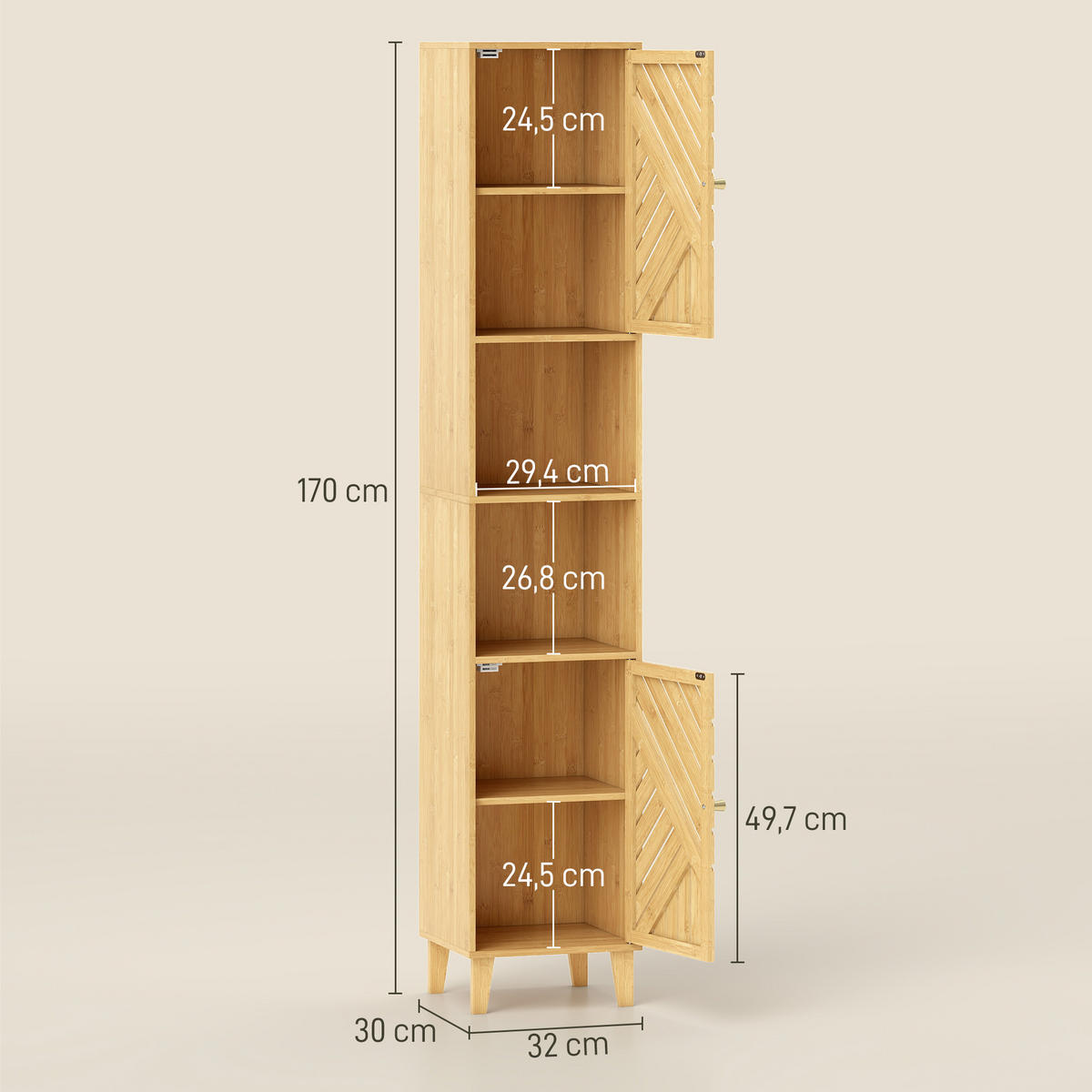 HOCHSCHRANK DE-12485 32/30/170 cm mit Bambustüren Naturholz - Naturfarben, Holzwerkstoff (30/170/32cm) - ComfortXL