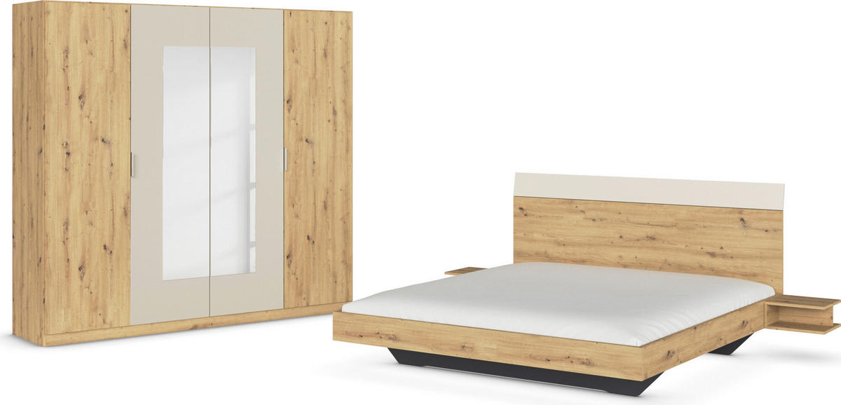 SCHLAFZIMMER Monza in Eiche Artisan und Beige mit Bettanlage 180x200cm, 2 Nachttischen und Drehtürenkleiderschrank 4türig mit Spiegel - Braun, Holzwerkstoff (80/200/120cm)