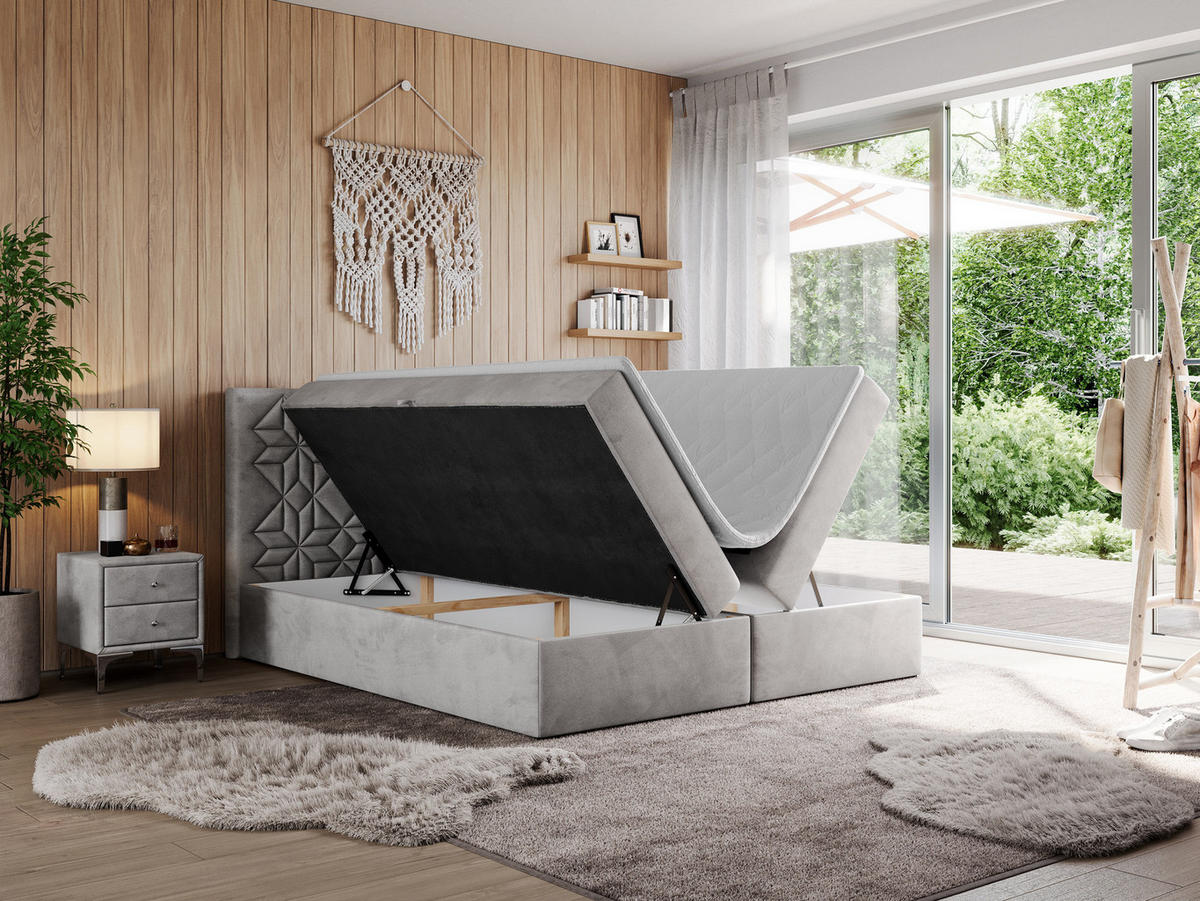 BOXBETT LEILA 180/200 Hellgrau Velvet - H3 - Hellgrau, Holz/Textil (180/200cm) - MKS