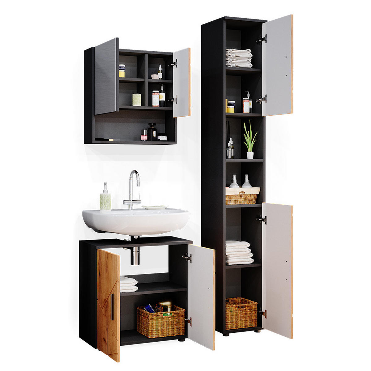 SADA NÁBYTKU DO KOUPELNY Irma Zlatý dub power/antracit - medově dubová/antracitová, kompozitní dřevo (80/58.6/41cm) - Vicco