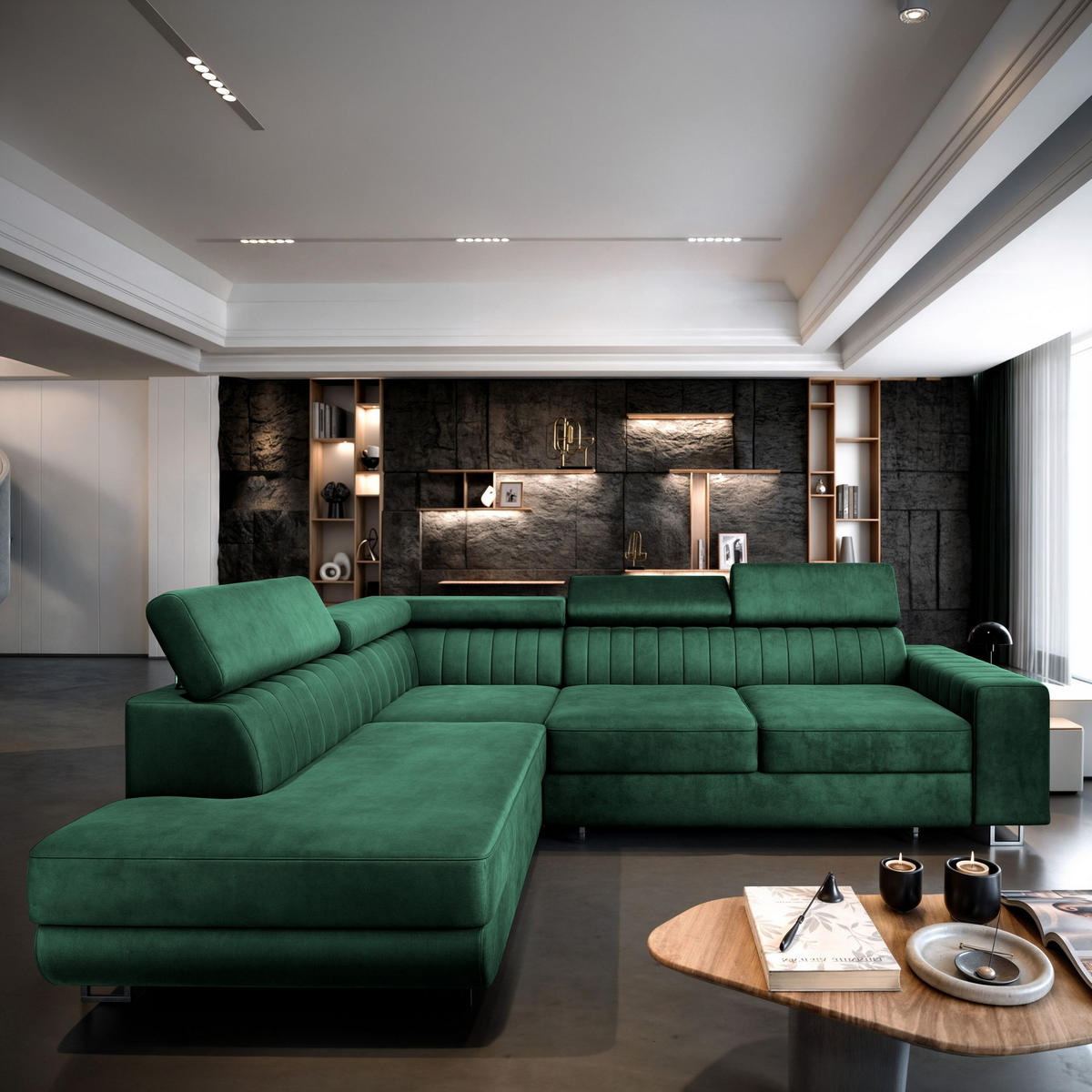 ECKSOFA NOLA L-S Grün Velours-Stoff mit Schlaffunktion - Grün, Holz (253/190cm) - MASSENO