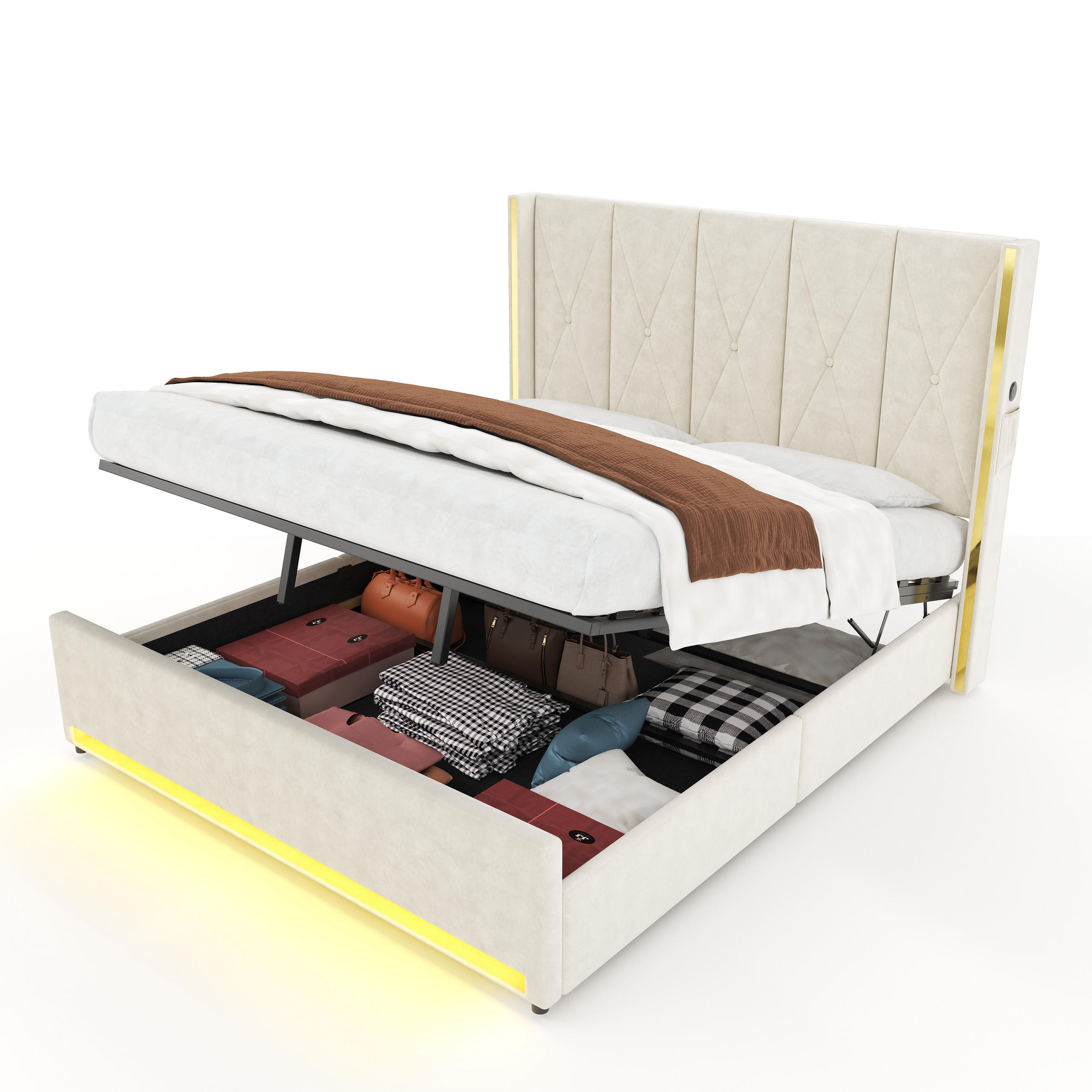 POLSTERBETT 180/200 cm in Beige mit Bettkasten, LED, USB und Type-C Samt - Beige, Holzwerkstoff/Textil (180/200cm) - STILVORA
