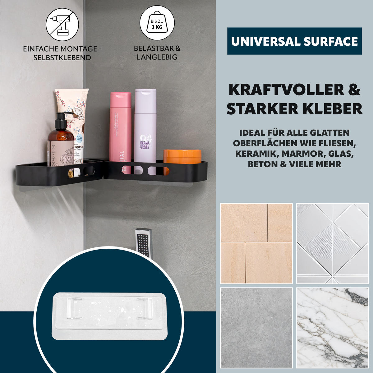DUSCHABLAGE zum Kleben, Kunststoff, Schwarz - Schwarz, Kunststoff (33/11.5/9cm) - eluno