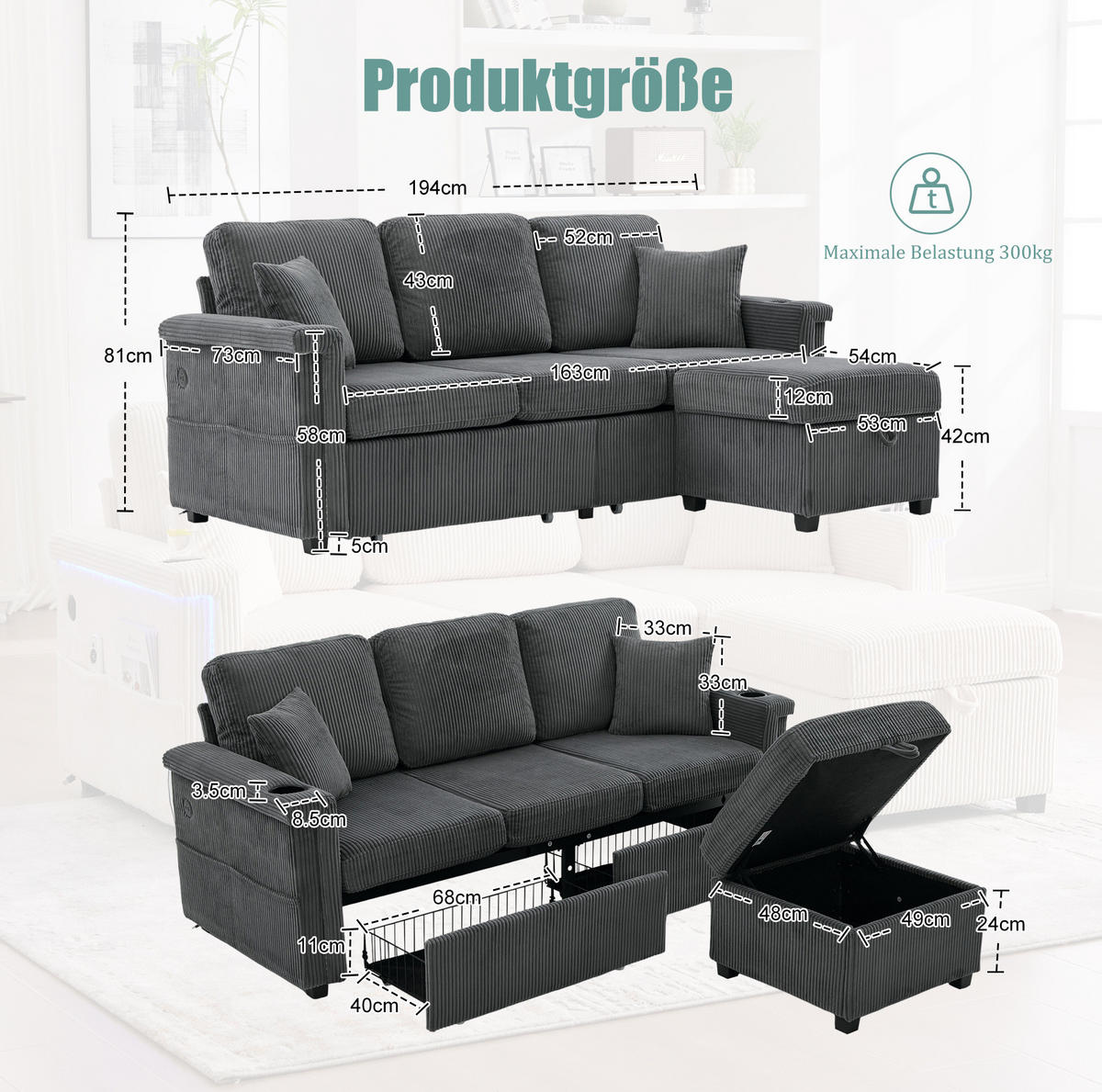 SOFA Corduroy mit LED und USB-Anschluss Stauraum 194/73/81 cm Dunkelgrau - Dunkelgrau, Textil (73/194cm) - Redom