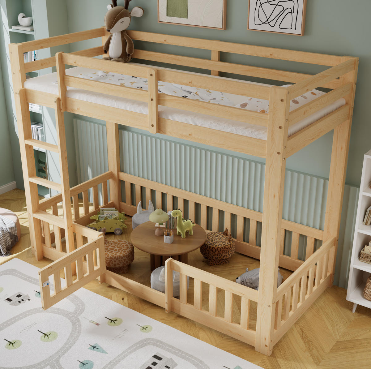 ETAGENBETT 90/200 cm natur aus Kiefer mit rechtwinkliger Treppe - Naturfarben, Holz (90/200cm) - OKWISH