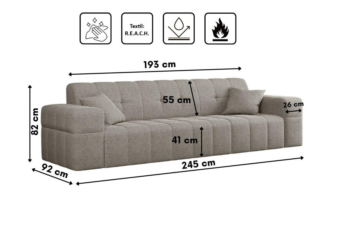 SOFA 3-Sitzer NIMES Stoff Verita Warmbeige - Cappuccino, Holz (245/82/92cm) - Kaiser Möbel