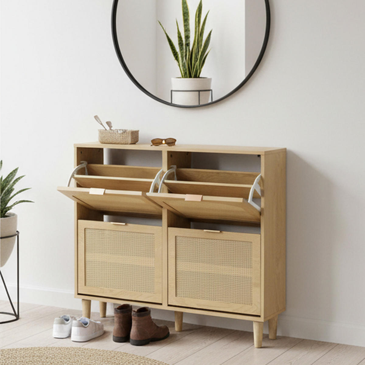 SCHUHSCHRANK im Landhausstil Rattan Eiche Optik mit 4 Klappschubladen - Eichefarben, Holzwerkstoff (100/90/25cm) - Urban Meuble