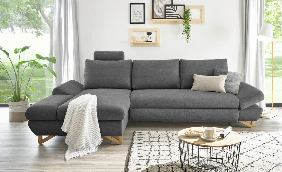 ECKSOFA grau Struktur-Stoff, Sofa mit Bettfunktion und Stauraum 284 cm - Grau, Holz/Textil (166/284cm) - Furn.Design