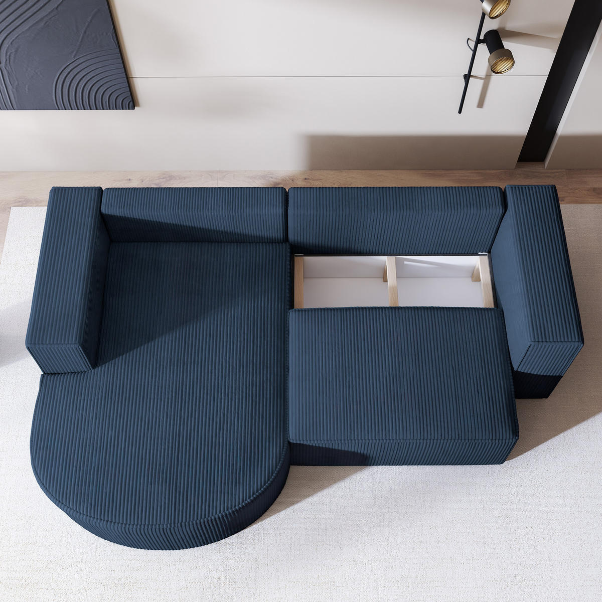 ECKSOFA SORELA P L-S Blau Kordstoff mit Schlaffunktion - Blau, Holz (263/174cm) - MASSENO