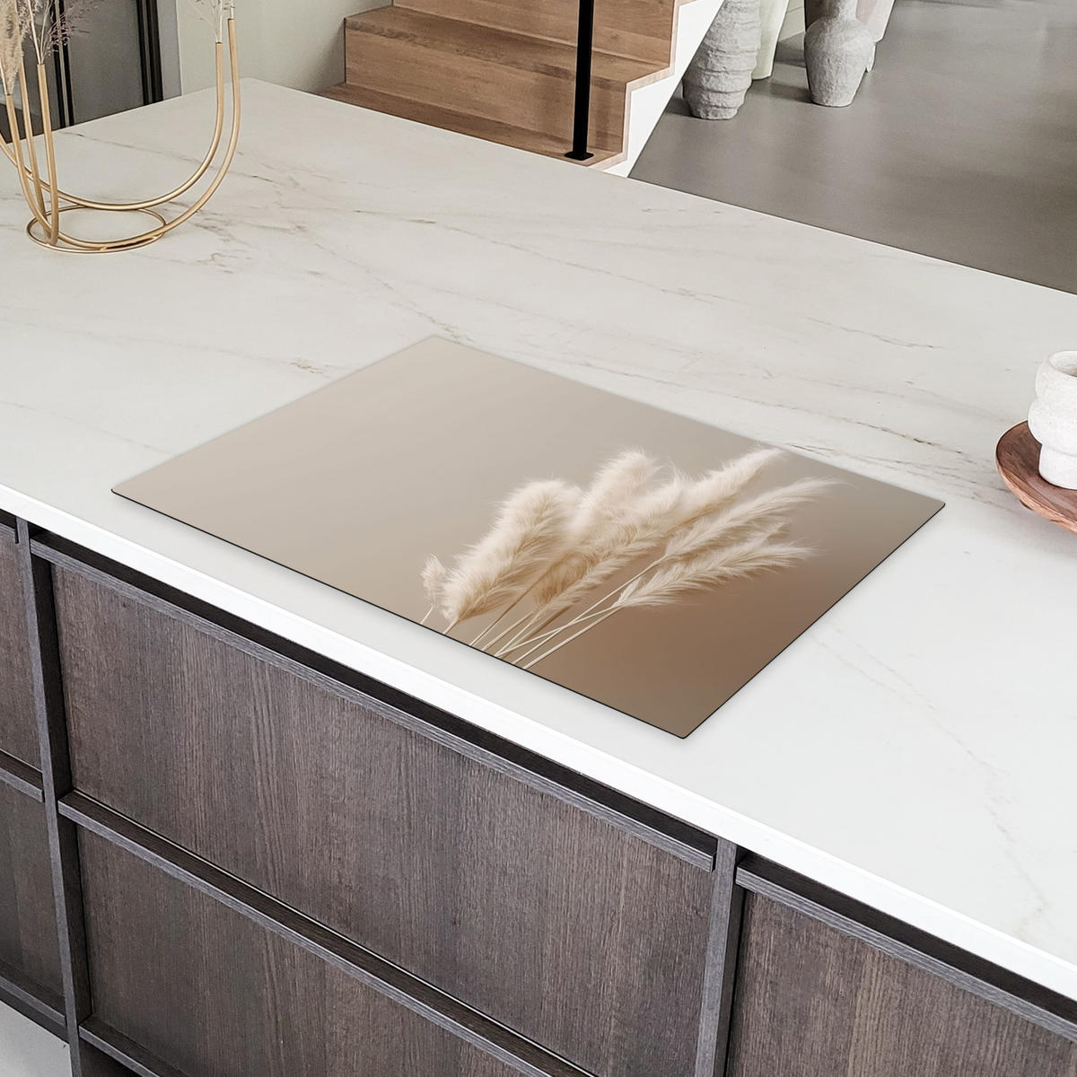 HERDABDECKPLATTE Pampasgras - Federn - Pastell - Weiß Induktionsschutz 80x52.2 cm - Creme, Kunststoff (80.2/52.2/0.2cm) - MuchoWow