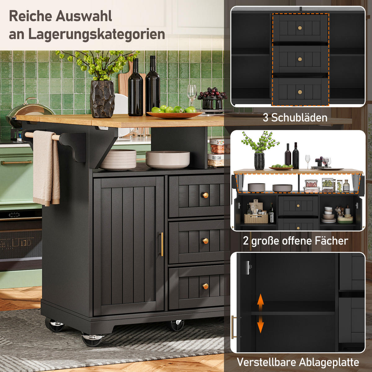 KÜCHENINSEL klappbar 120 x 40/80 x 95 cm Schwarz - Schwarz, Metall (40/95/120cm) - Beauniv