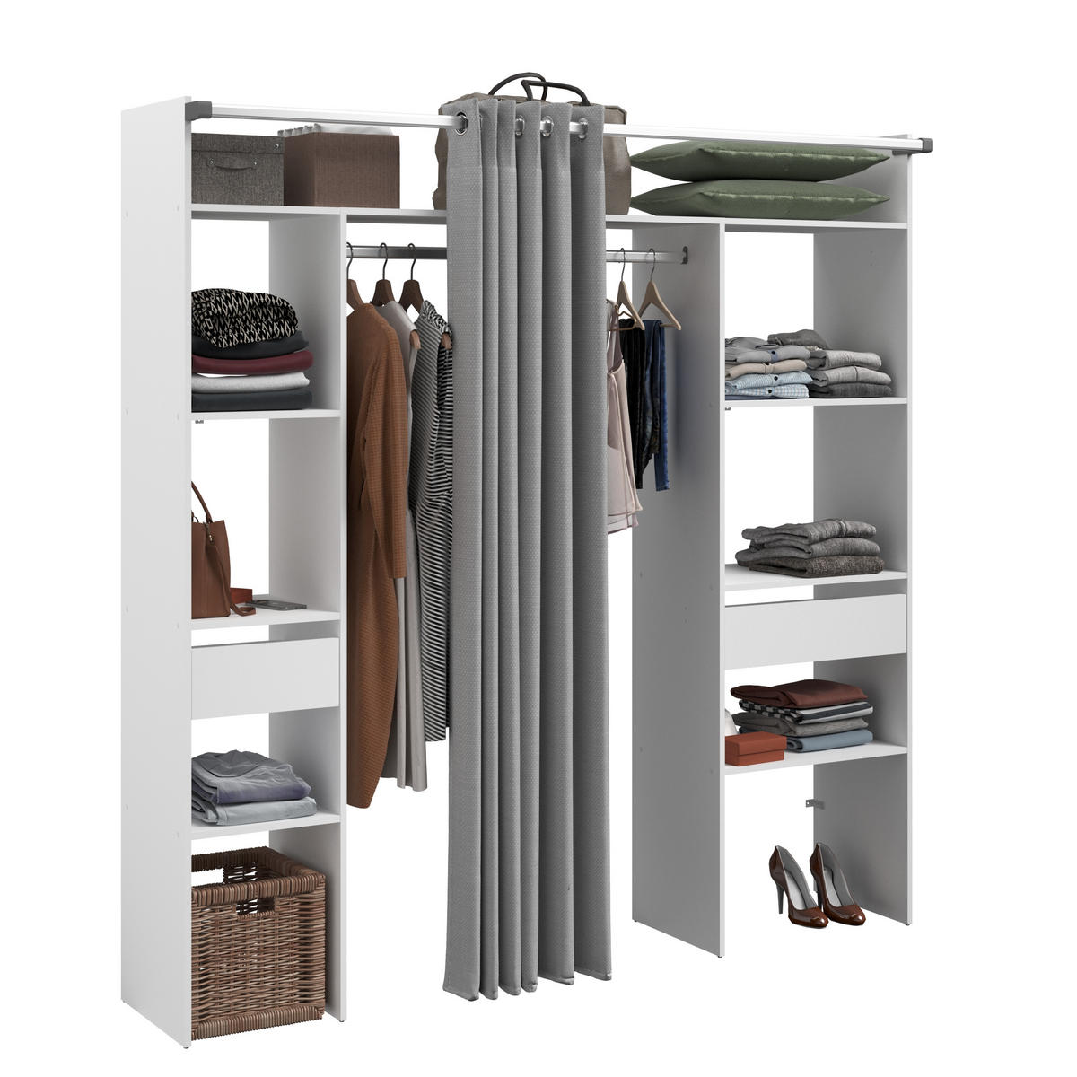 KLEIDERSCHRANK Combi 2 in Weiß von Parisot – Flexibler Stauraum in modernem Design – mit Vorhang - Weiß, Holzwerkstoff (80/200/120cm)