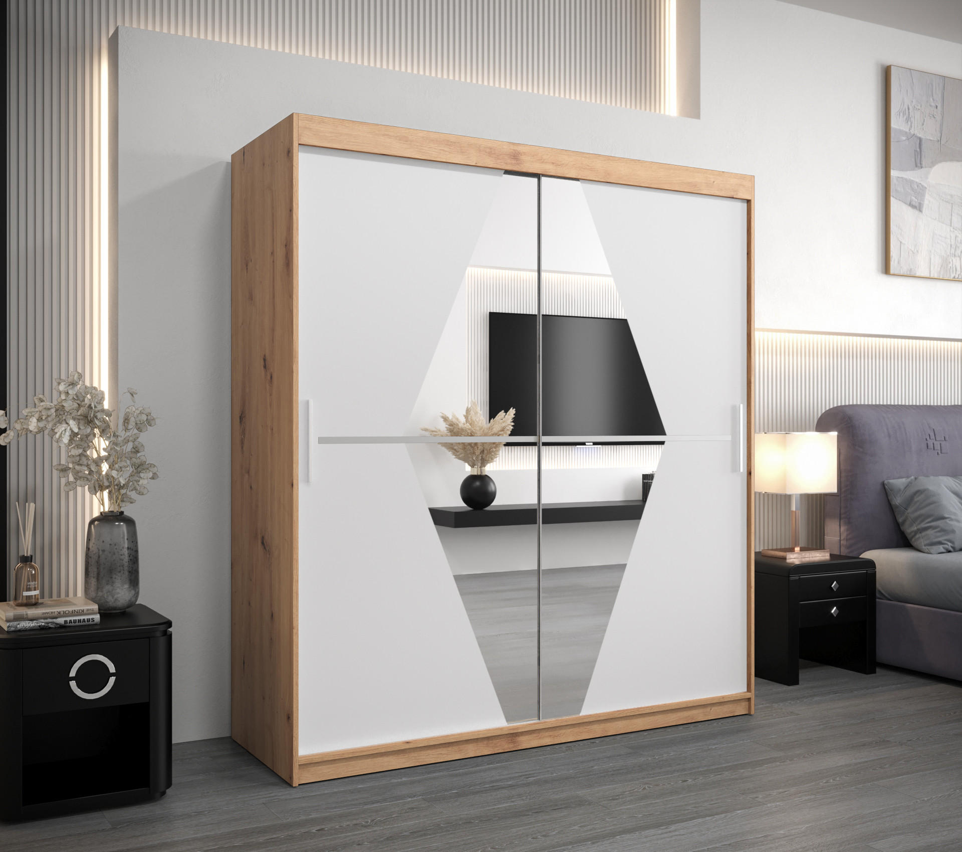 SCHWEBETÜRENSCHRANK 200/180/62 2-türig - Silberfarben/Weiß, Holz/Kunststoff (180/200/62cm) - Abiks Möbel