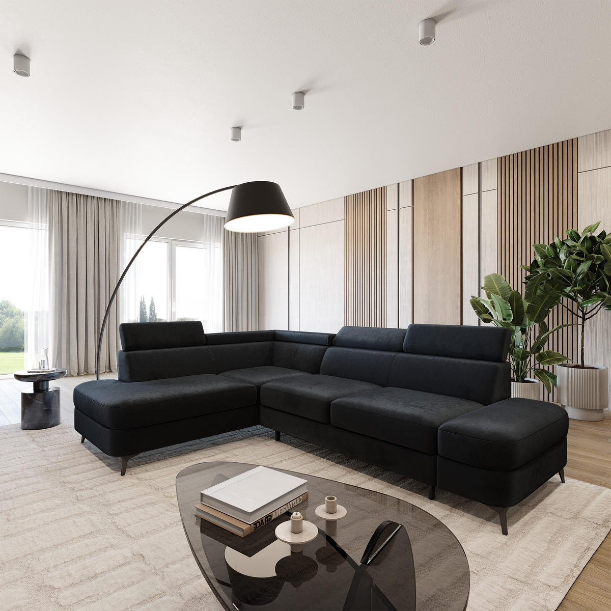 ECKSOFA AVISE M L-S Schwarz Velours-Stoff mit Schlaffunktion - Schwarz, Holzwerkstoff/Textil (268/195cm) - MASSENO