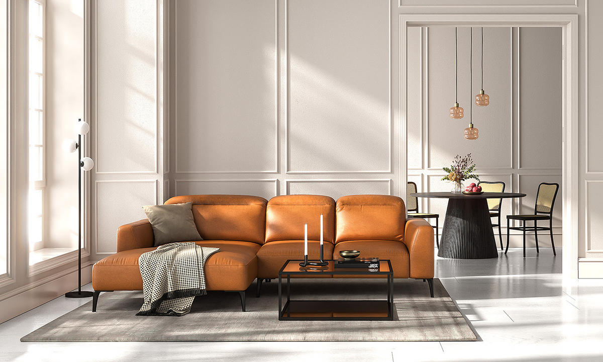 ECKSOFA mit Longchair - Cognac/Schwarz, Leder/Metall (265/180cm) - home24