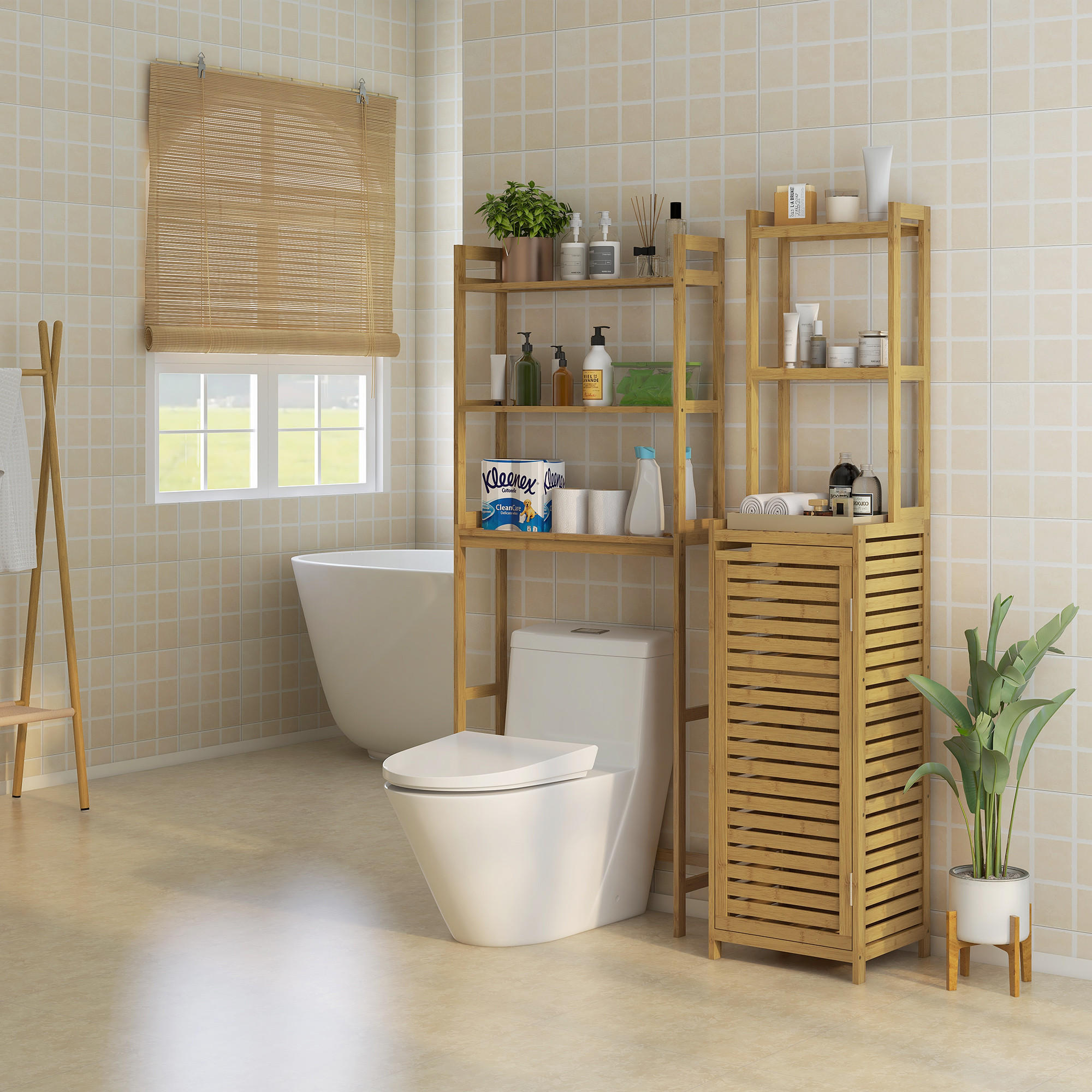 HOCHSCHRANK mit Schrankfach, mit 3 offenen Fächern, Kippschutz, Naturholz - Naturfarben, Holz (33/170/38.5cm) - HOMCOM