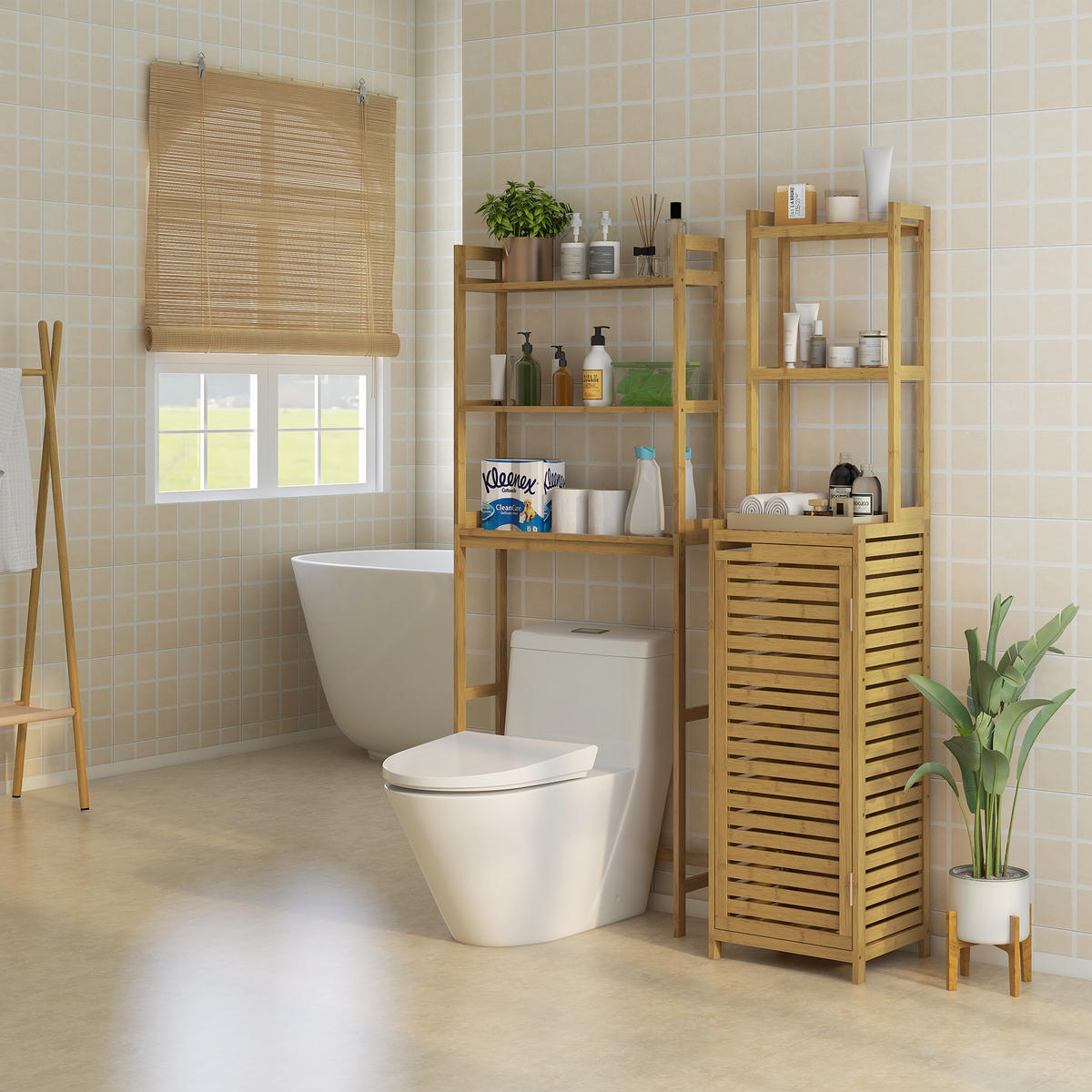 HOCHSCHRANK mit Schrankfach, mit 3 offenen Fächern, Kippschutz, Naturholz - Naturfarben, Holz (33/170/38.5cm) - HOMCOM