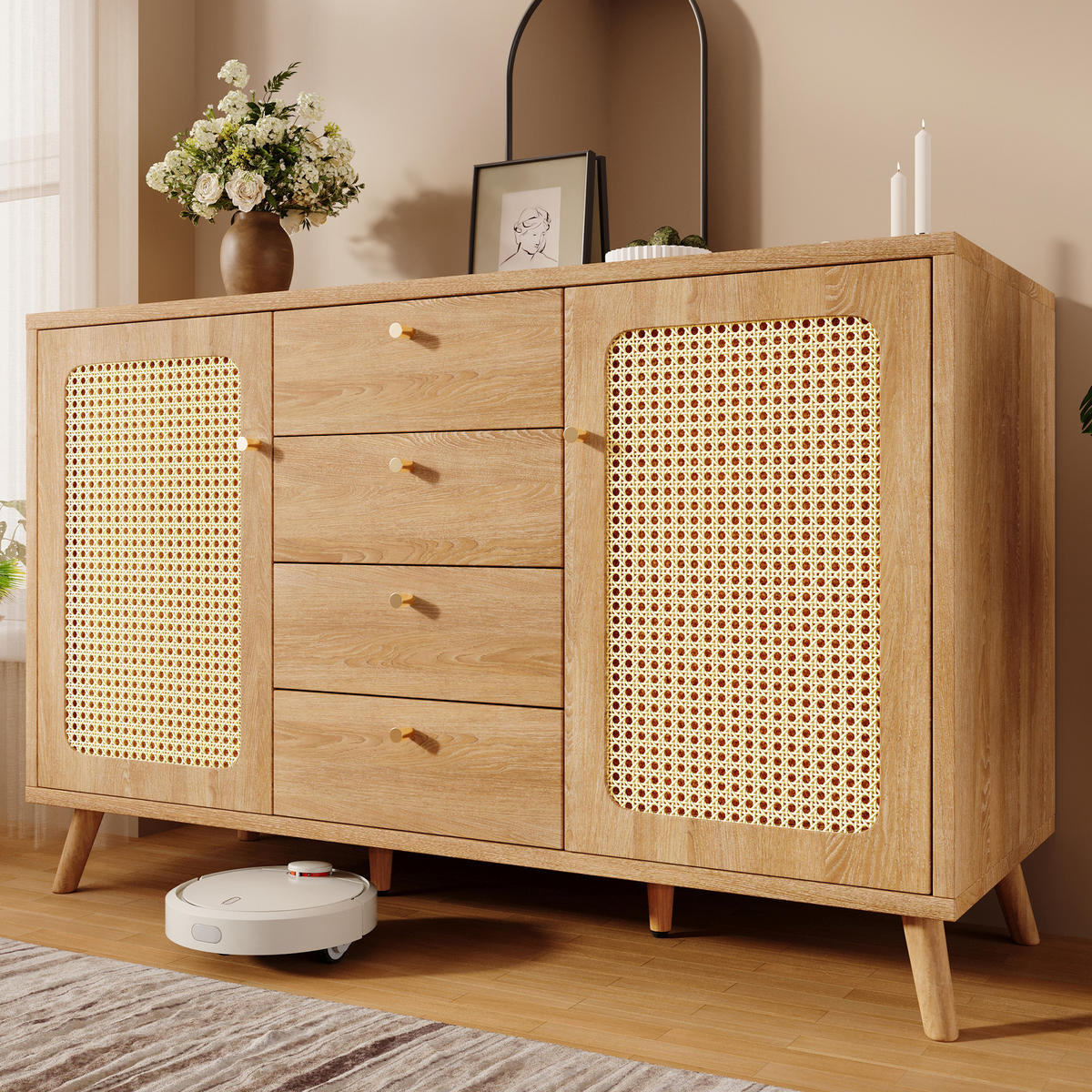 SIDEBOARD in Eichefarben mit 4 Schubladen und 2 Türen für Wohnzimmer, B140/T40/H86 cm - Eichefarben/Naturfarben, Holzwerkstoff (140/86/40cm) - STILVORA