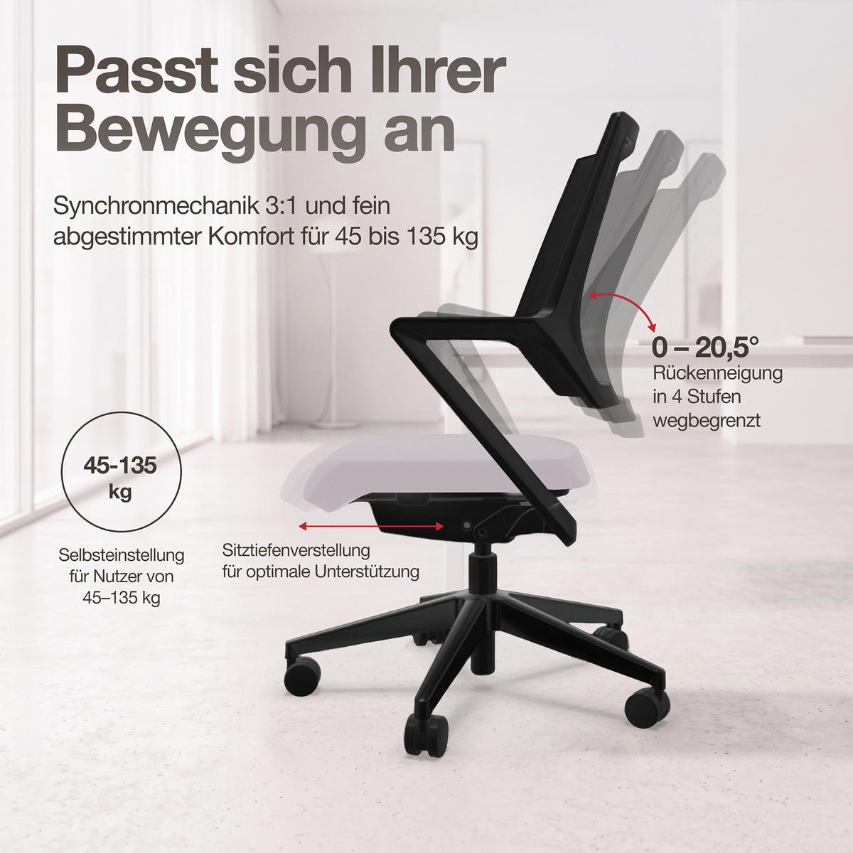 DREHSTUHL Ergonomischer Bürostuhl Asolo mit Netzrücken / Hellgrau Netzrücken für Luftzirkulation - Hellgrau, Textil (59.5/97.5/45cm) - ASSMANN