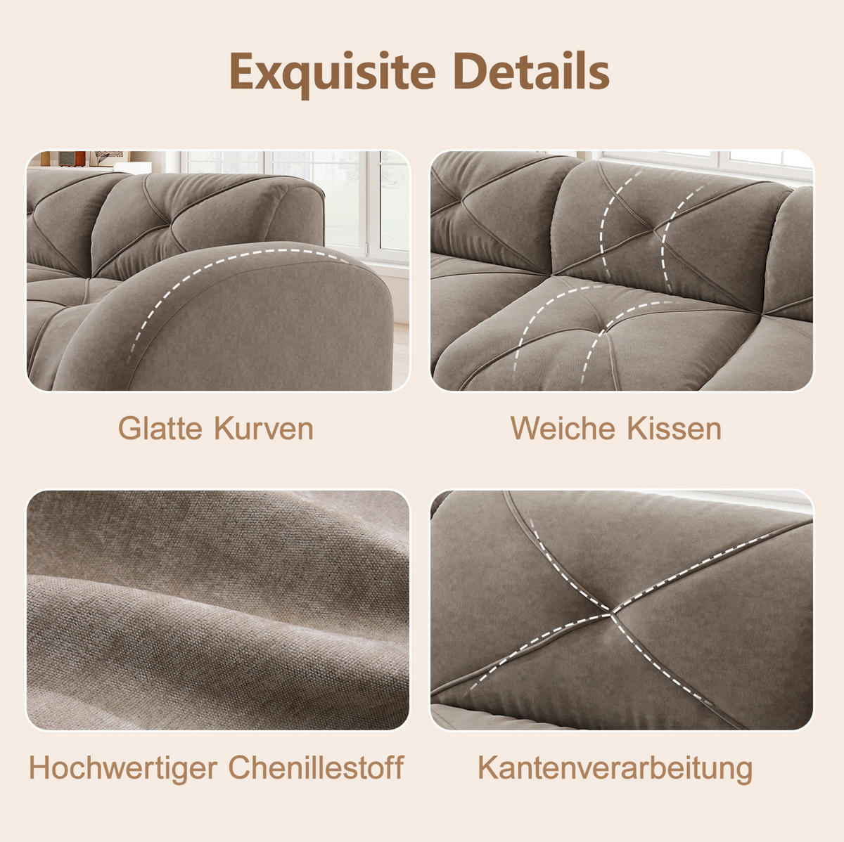POHOVKA modulárna 2-miestna s 2 taburetkami zo ženilky taupe - taupe, textil (171/76/204cm) - Flora Grace
