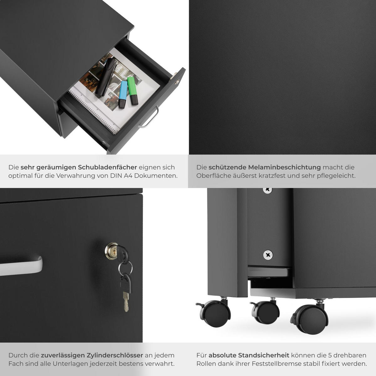 ROLLCONTAINER Vagur,40 x 44 x 54,5 cm,schwarz - Schwarz, Holzwerkstoff (40/54.5/46cm) - tectake