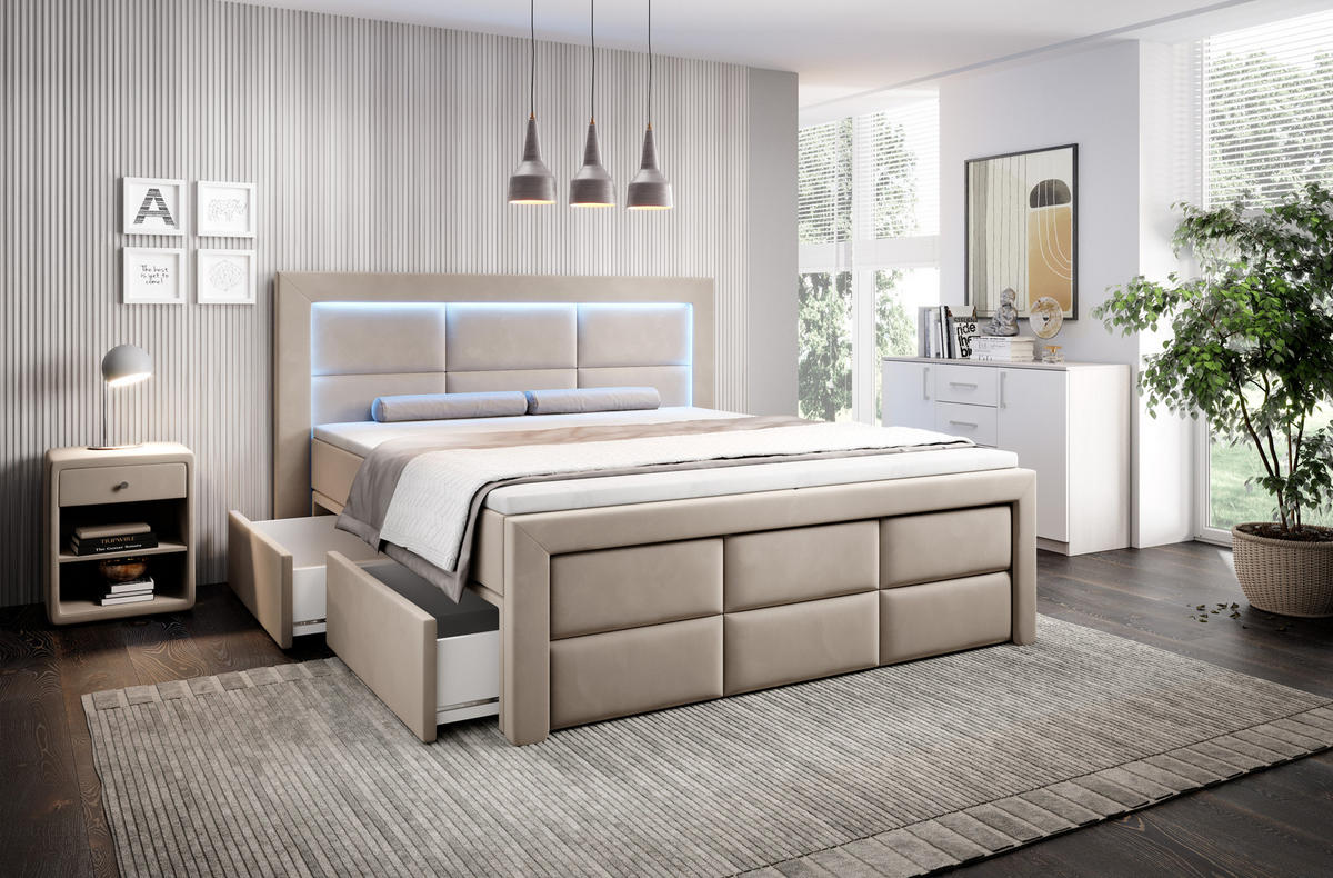 BOXSPRINGBETT Aspen mit Schubladen und Topper, LED-Beleuchtung, Samt, 180x200 cm, Beige - Beige, Holz - PROMETO Möbel