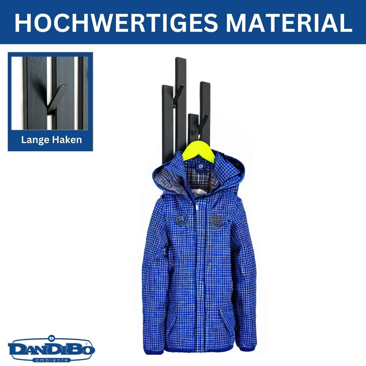 WANDGARDEROBE Schwarz Metall mit 8 Haken - Schwarz, Metall (15.5/87/4.5cm) - DanDiBo