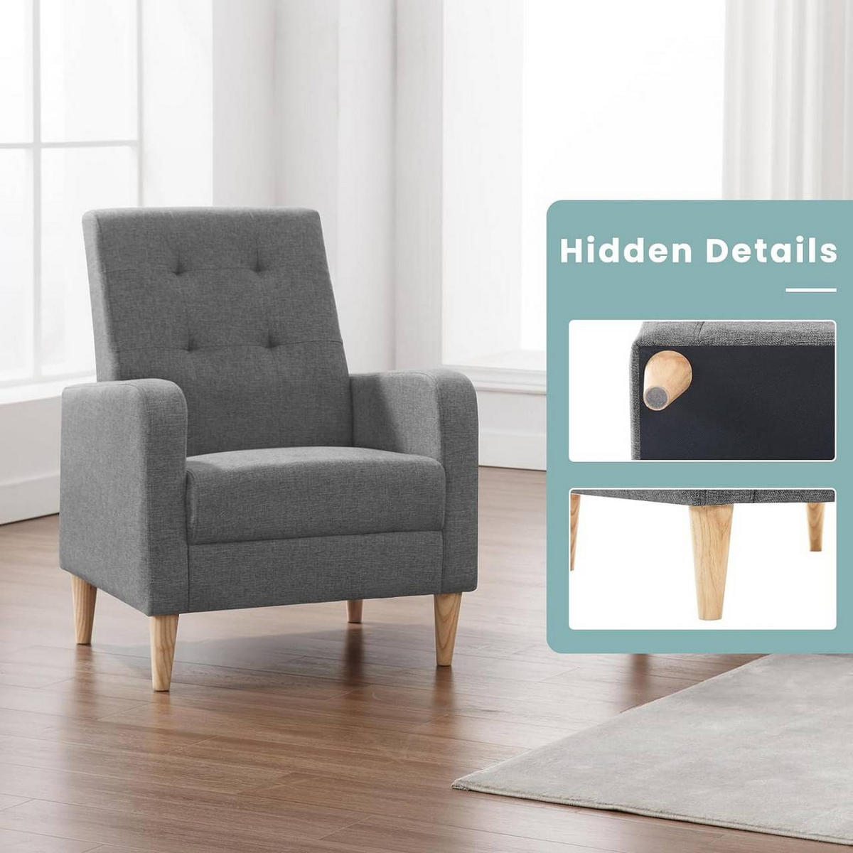 RELAXSESSEL mit Massivholzbeinen, Leinen, Dunkelgrau - Dunkelgrau, Holz/Holzwerkstoff (68/90.5/76cm) - Woltu