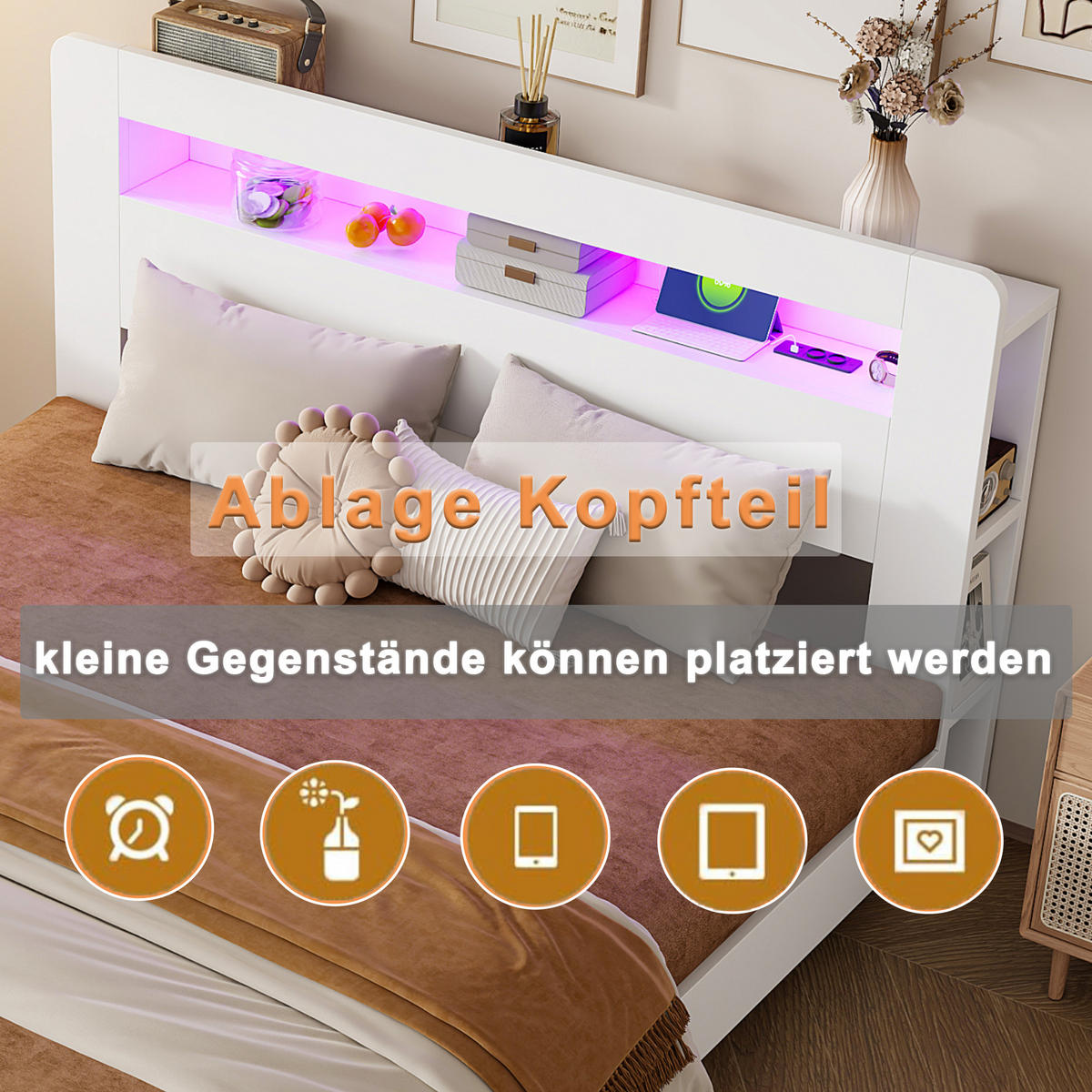 BETT 140/200 cm in Weiß mit Bettkasten, LED, Steckdosen und Kopfteilfächern - Weiß, Holz/Holzwerkstoff (140/200cm) - WISHDOR
