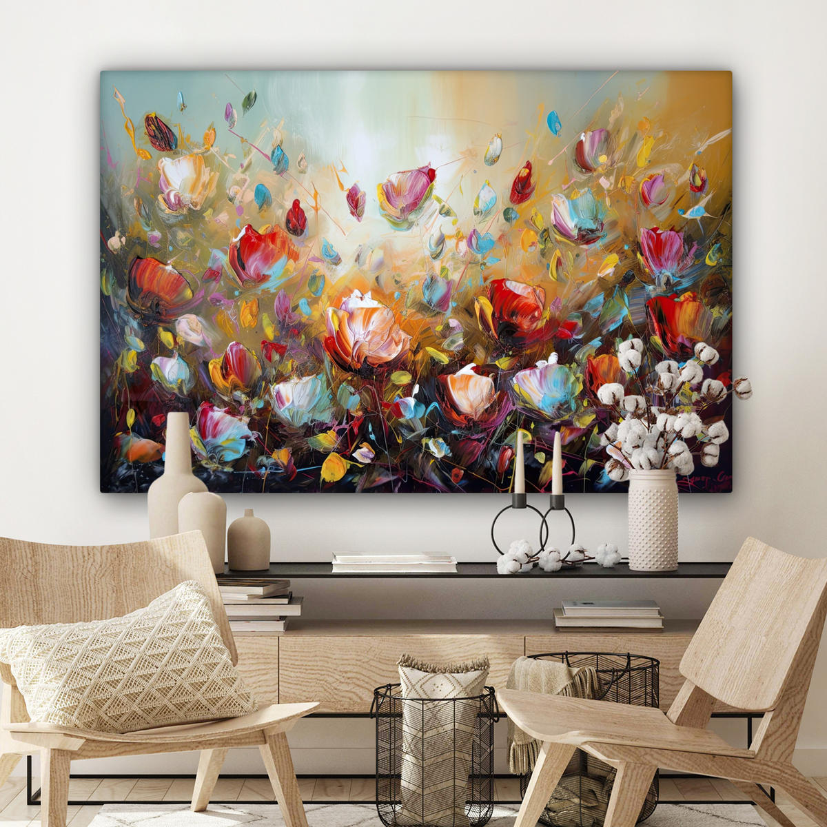 LEINWANDBILD Blumen - Kunst - Natur - Ölgemälde Wohnzimmer Groß 120x80 cm - Multicolor, Textil (120/80cm) - MuchoWow