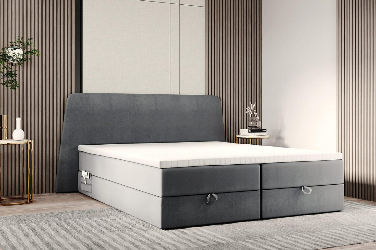 BOXBETT 140 x 200 cm RONDA mit Bettkästen und Topper, Taschenmatratze und Seitliche Taschen für Handy oder Buch, Grau - Grau, Holz/Textil (140/200cm) - Trada