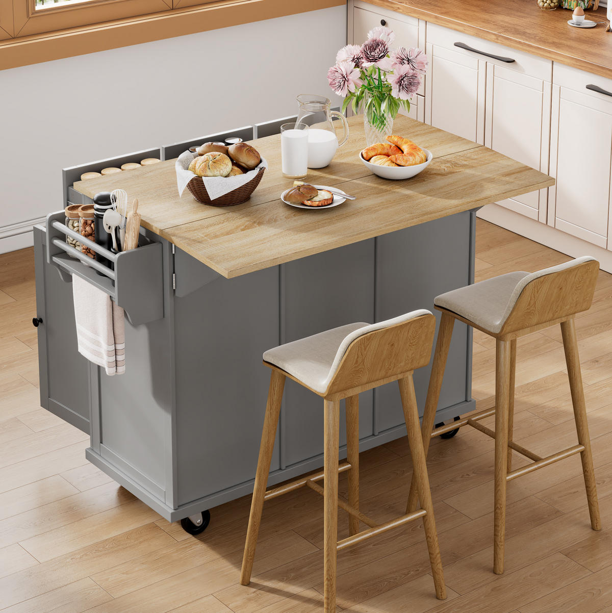 KÜCHENINSEL 112/46,2-76,2/92,7 cm aus MDF mit ausziehbarer Arbeitsplatte, Abfallfach und Rollen, Natur/Grau - Grau, Holzwerkstoff (112/92.7/76.2cm) - Redom