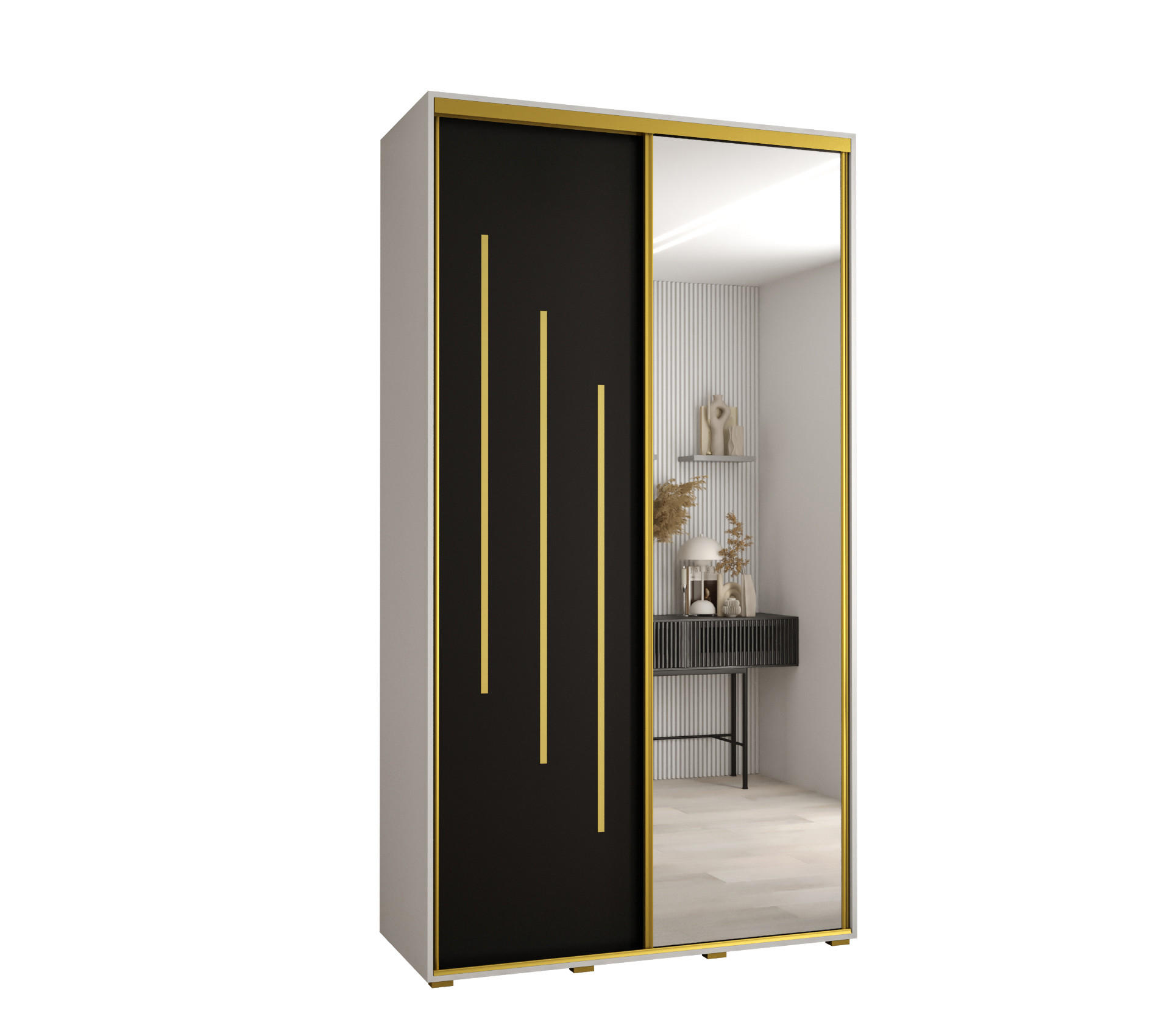 Abiks Möbel Schwebetürenschrank Weiß, Schwarz, Gold 130x235x45 cm