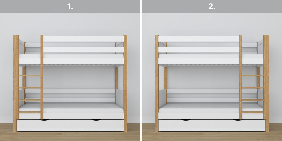 ETAGENBETT N02 mit Schublade Weiß / Eiche Natur 90/190 - Eiche Artisan/Weiß, Naturmaterialien/Holz (90/190cm) - N-Wood