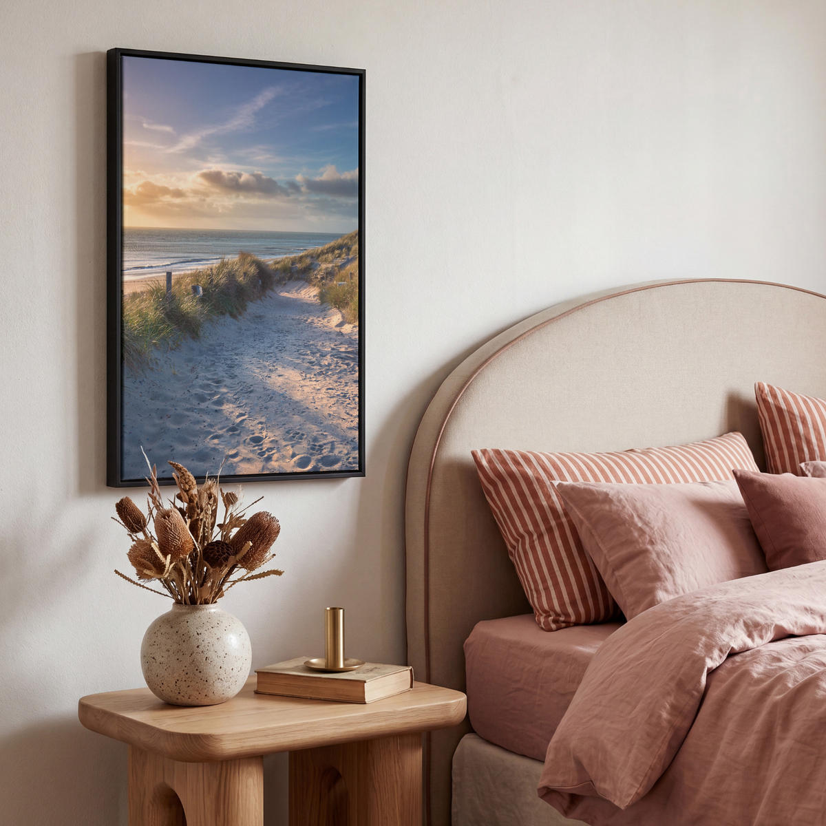 LEINWAND Bilder mit Rahmen - Sonnenuntergang - Strand - Düne - Gras - Ufer - 40x60 - Sandfarben, Textil (40/60cm) - MuchoWow