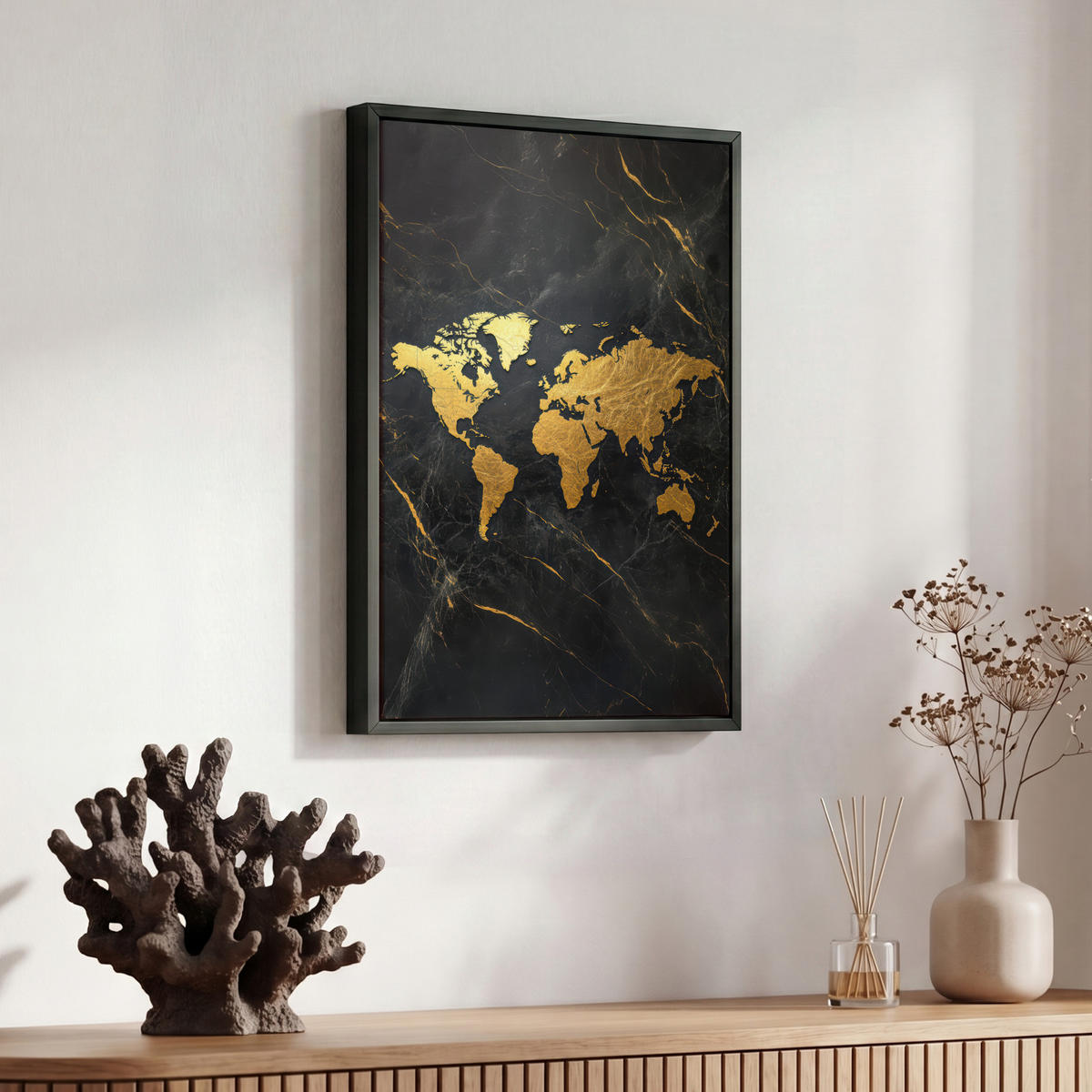 LEINWAND Bilder mit Rahmen - Weltkarte - Gold - Marmor - 30x40 - Goldfarben, Textil (30/40cm) - MuchoWow