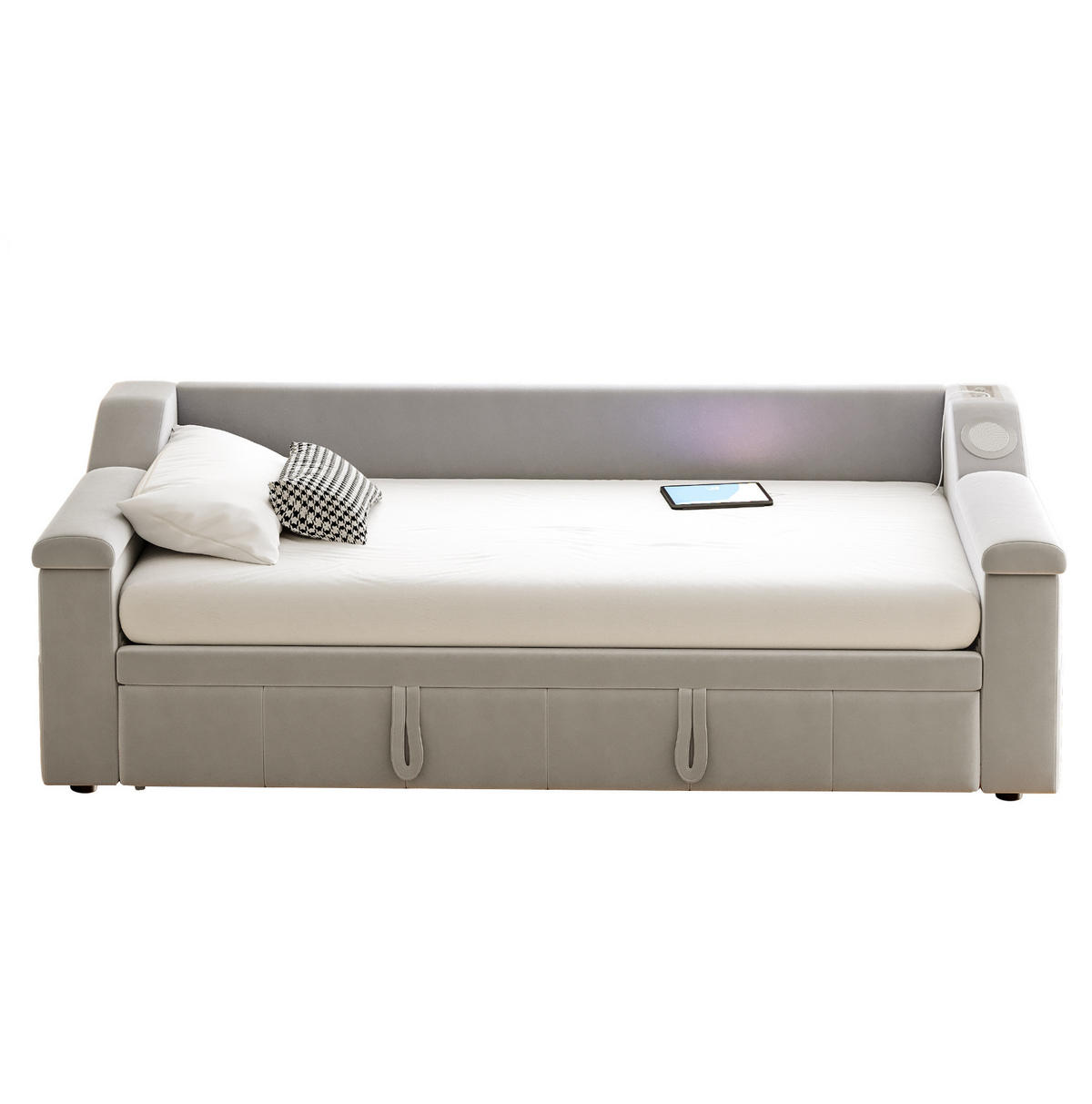 POLSTERBETT 90/190 cm mit hydraulischem Auszug, Bluetooth-Stereo, USB und Ablagefächern, Grau - Grau, Textil (90/190cm) - Redom