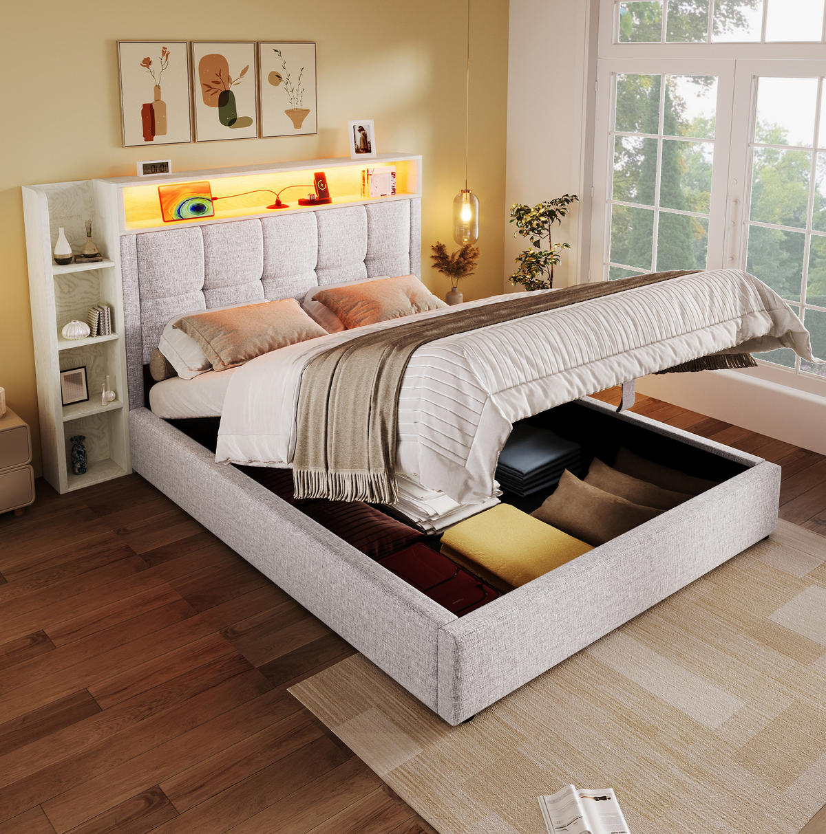 POLSTERBETT mit Stauraum, USB und LED 90x200 cm Leinen Beige - Beige, Metall (90/200cm) - Meubliv