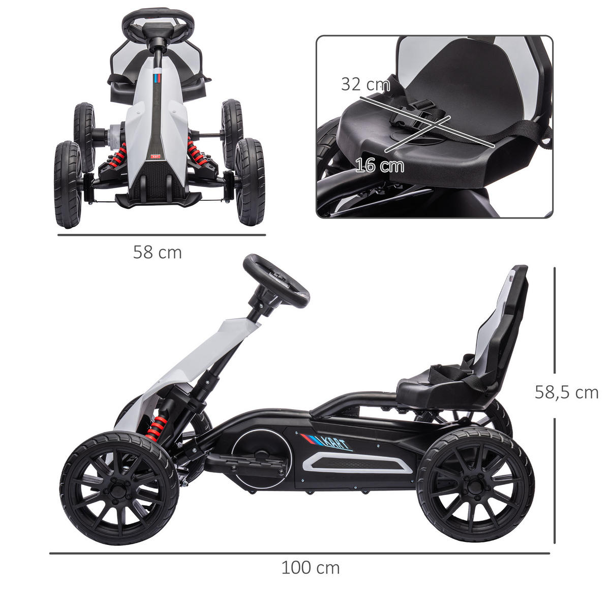 KINDER Elektro Gokart 12 V 3-5km/h Go Kart mit 2-Fach verstellbarem Modus - Weiß, Kunststoff (100/58/58.5cm) - HOMCOM