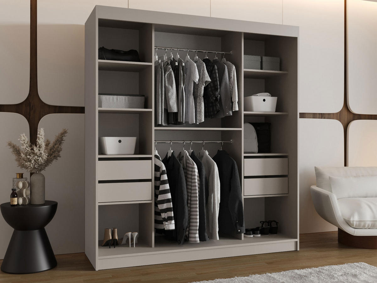 SCHWEBETÜRENSCHRANK Bahrajn 180 mit Schubladen - Kaschmir/Silberfarben, Holzwerkstoff/Kunststoff (180/200/62cm) - MIRJAN24