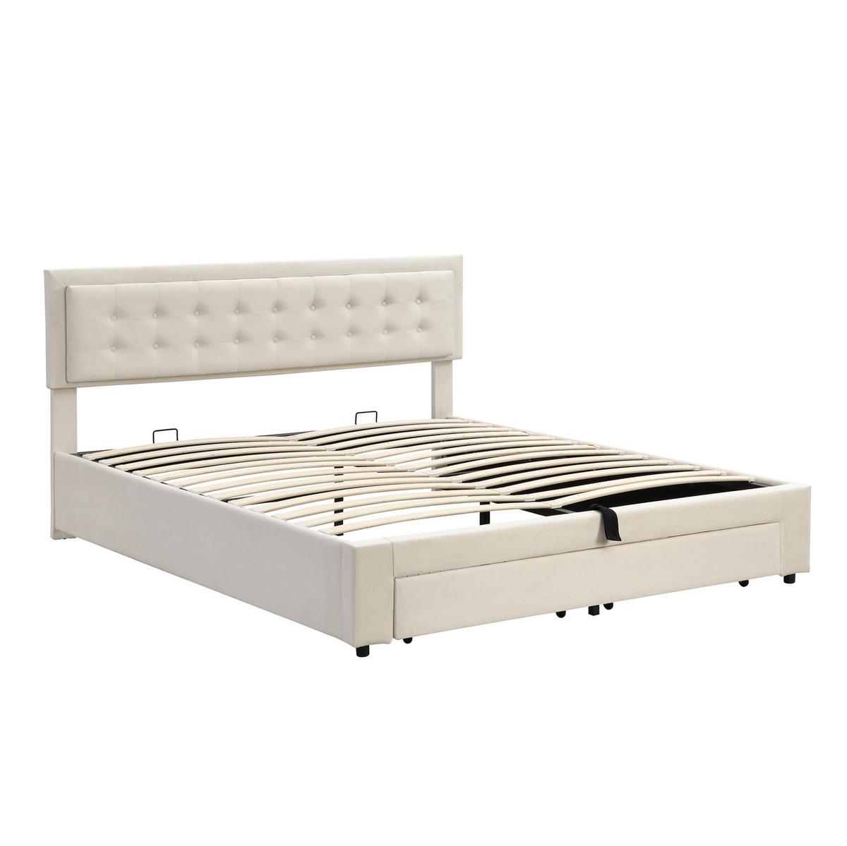 SAMT-POLSTERBETT 180/200 cm in Beige mit Bettkasten und verstellbarem Kopfteil - Beige, Textil (180/200cm) - BEAOK