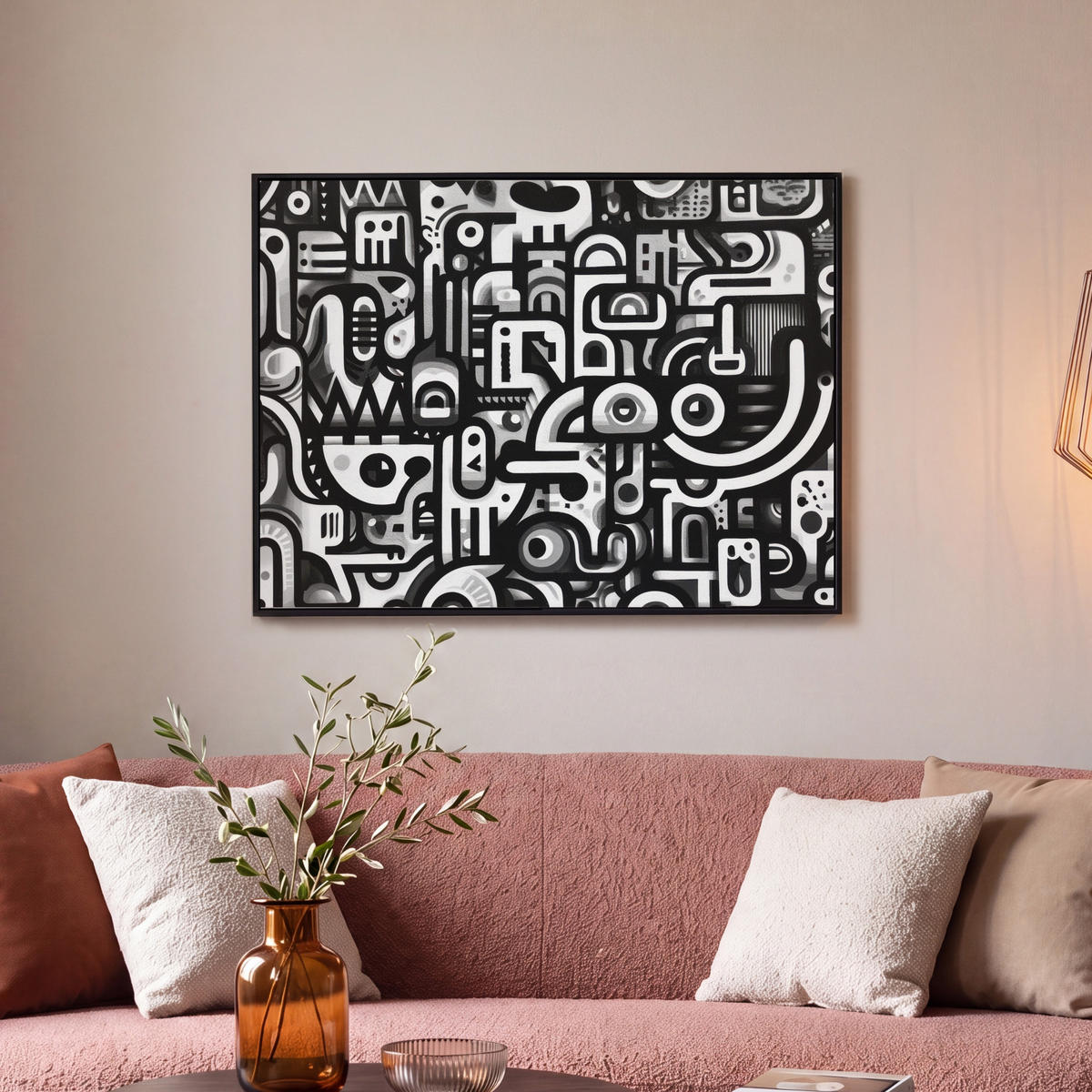 LEINWAND Bilder mit Rahmen - Symbole - Abstrakt - Grafik - Schwarz - 70x50 - Schwarz, Textil (70/50cm) - MuchoWow