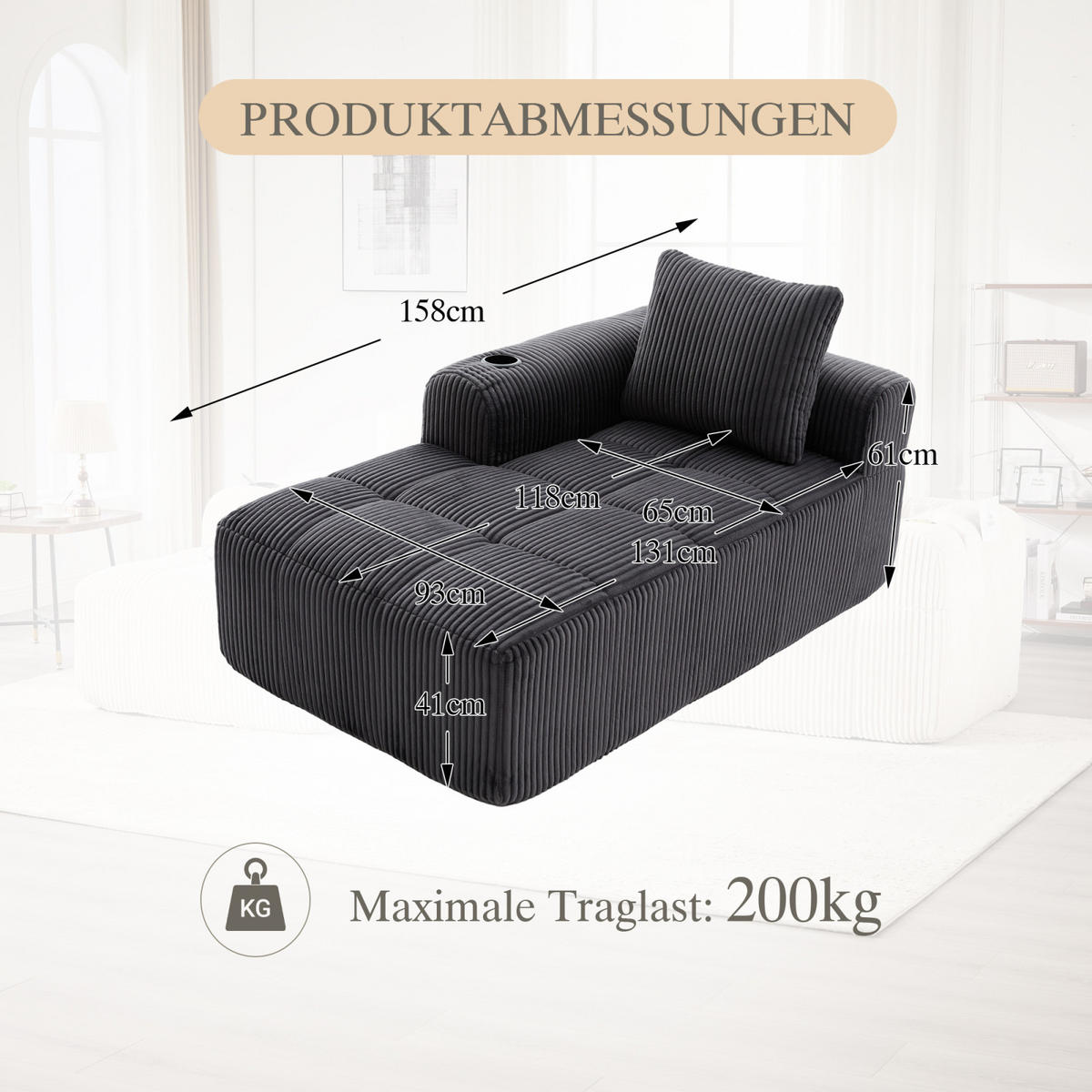 SOFA Grau, Relaxsessel Cord mit Getränkehalter und Stauraum, ohne Montage - Grau, Textil (158/61/93cm) - PARAFTA HOME