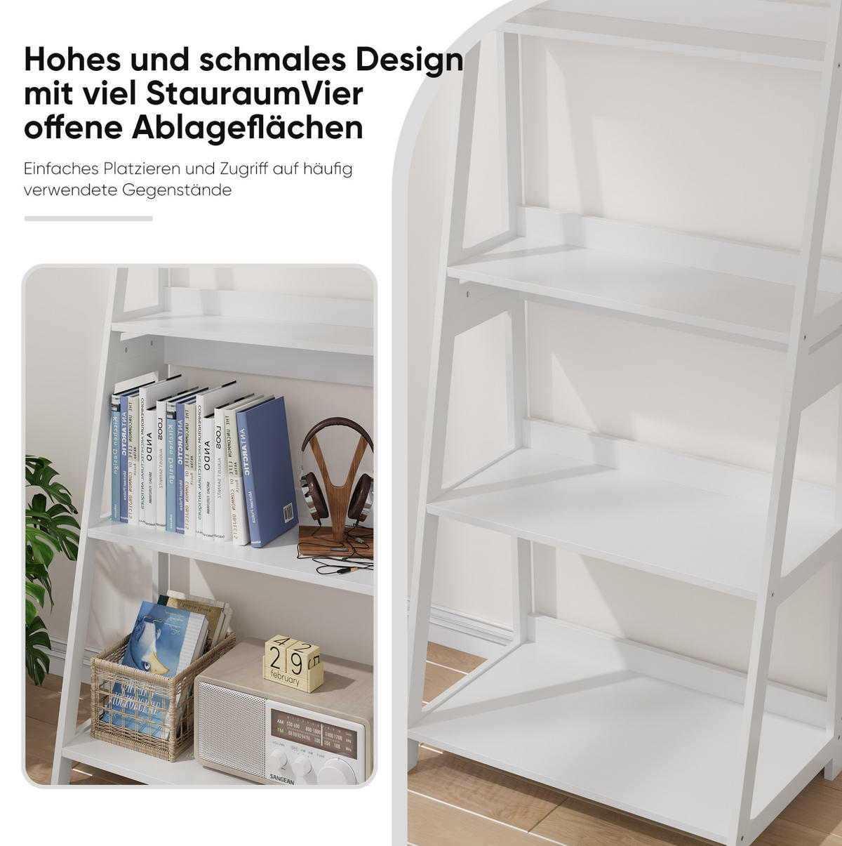 BÜCHERREGAL 63/39/150 cm mit 4 Ebenen, Leiterdesign, platzsparend und kippsicher, Weiß - Weiß, Holzwerkstoff (63/150/39cm) - Redom