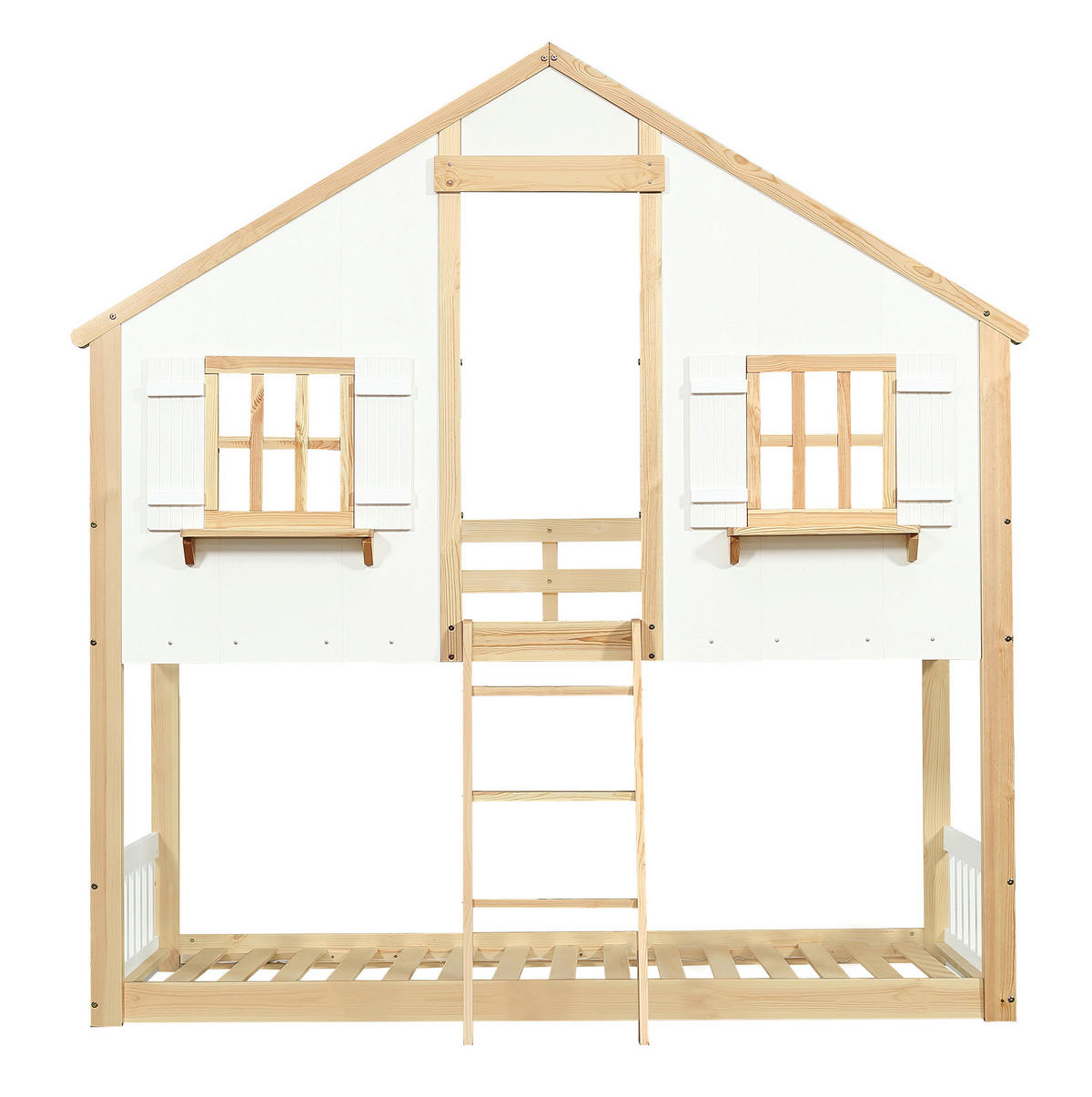 POSCHODOVÁ posteľ 90/200 cm biela/prírodná s oknami a strechou z masívneho dreva a MDF - biela, kompozitné drevo (90/200cm) - OKWISH