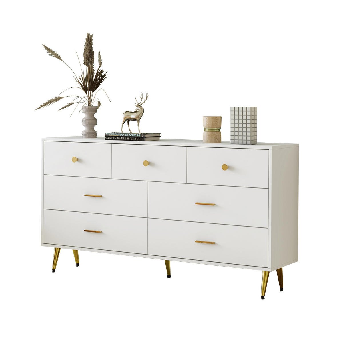 SIDEBOARD mit 7 Schubladen, mit goldenen Griffen und goldenen Beinen, 140/35/76 cm, Weiß - Weiß, Holzwerkstoff (140/76/35cm) - Redom