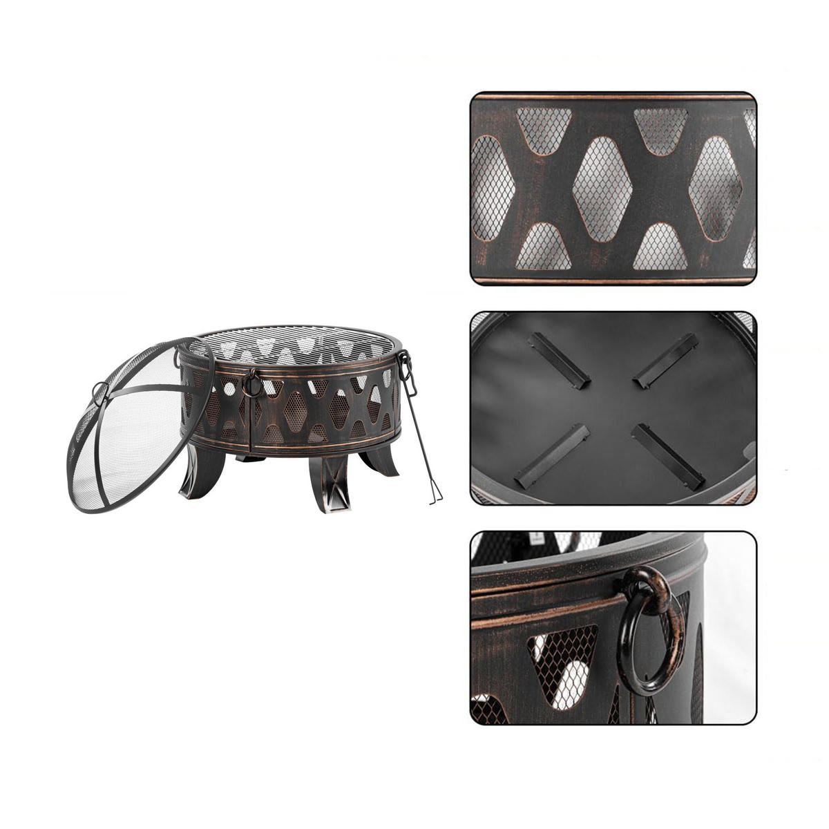 FEUERSCHALE Schwarz Bronze mit Funkenschutz Grillrost - Schwarz, Metall (66/58/66cm) - Relaxdays