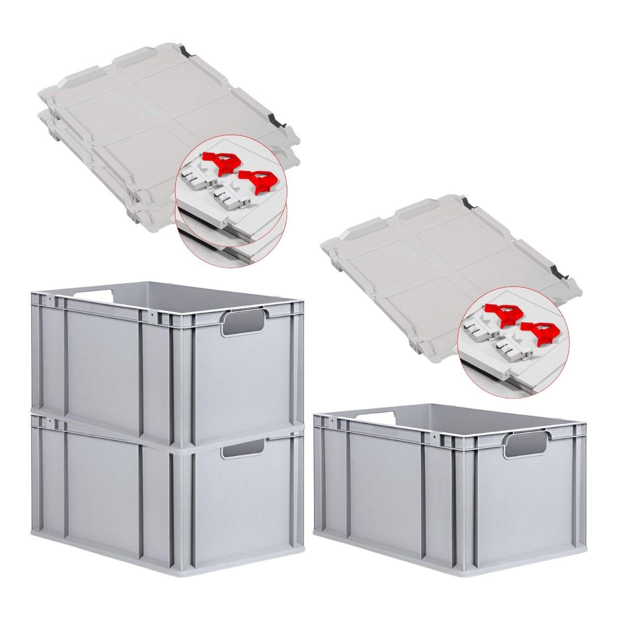 EUROBOX 3x Nextgen Economy Mit Scharnierdeckel Grau/Rot Griffe Offen 65 Liter - Rot, Kunststoff (40/32/60cm) - PROREGAL